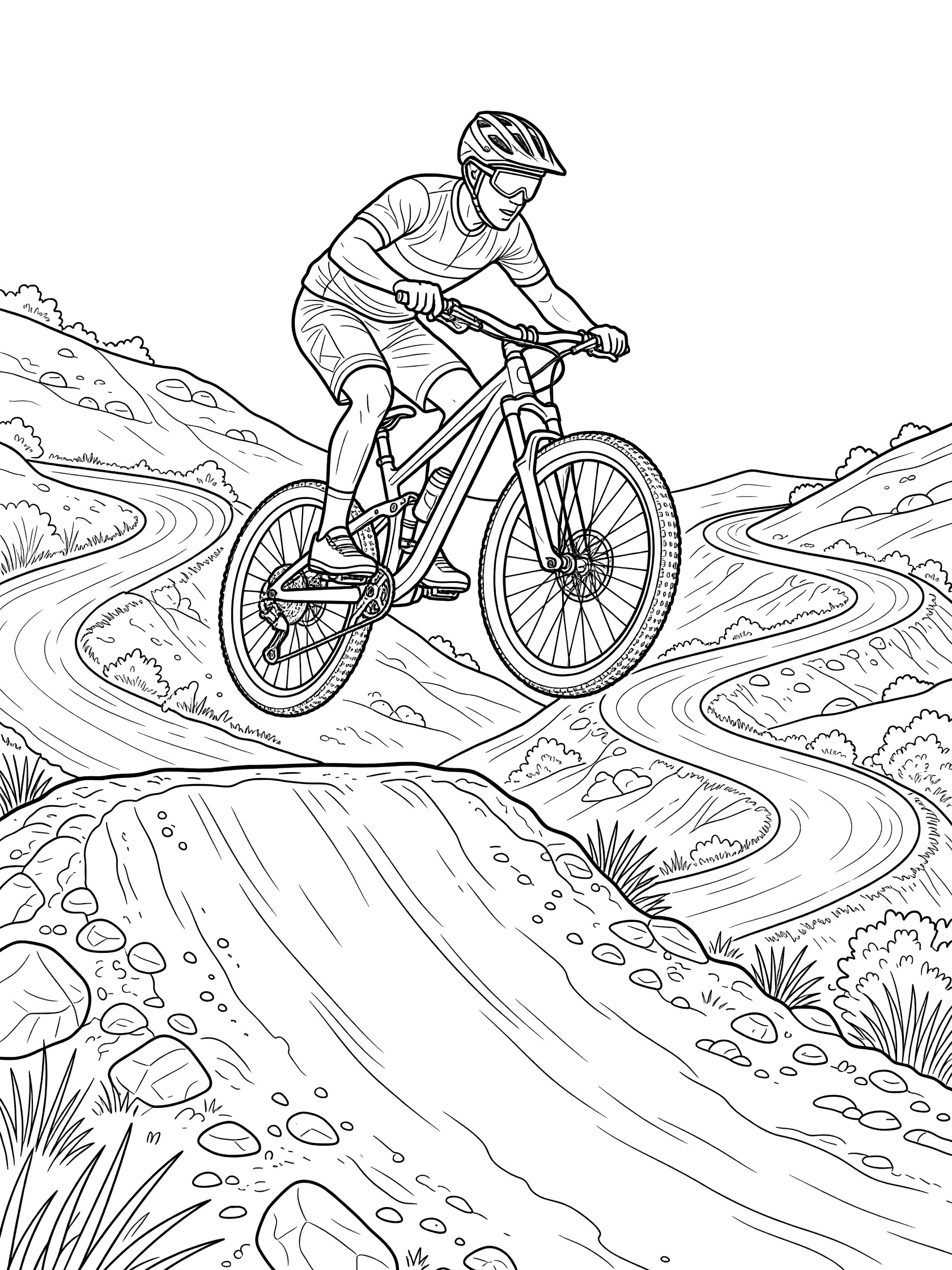 Line drawing of a mountain biker in helmet and gear launching off a ramp mid-air over a dirt trail with hills and bushes.
