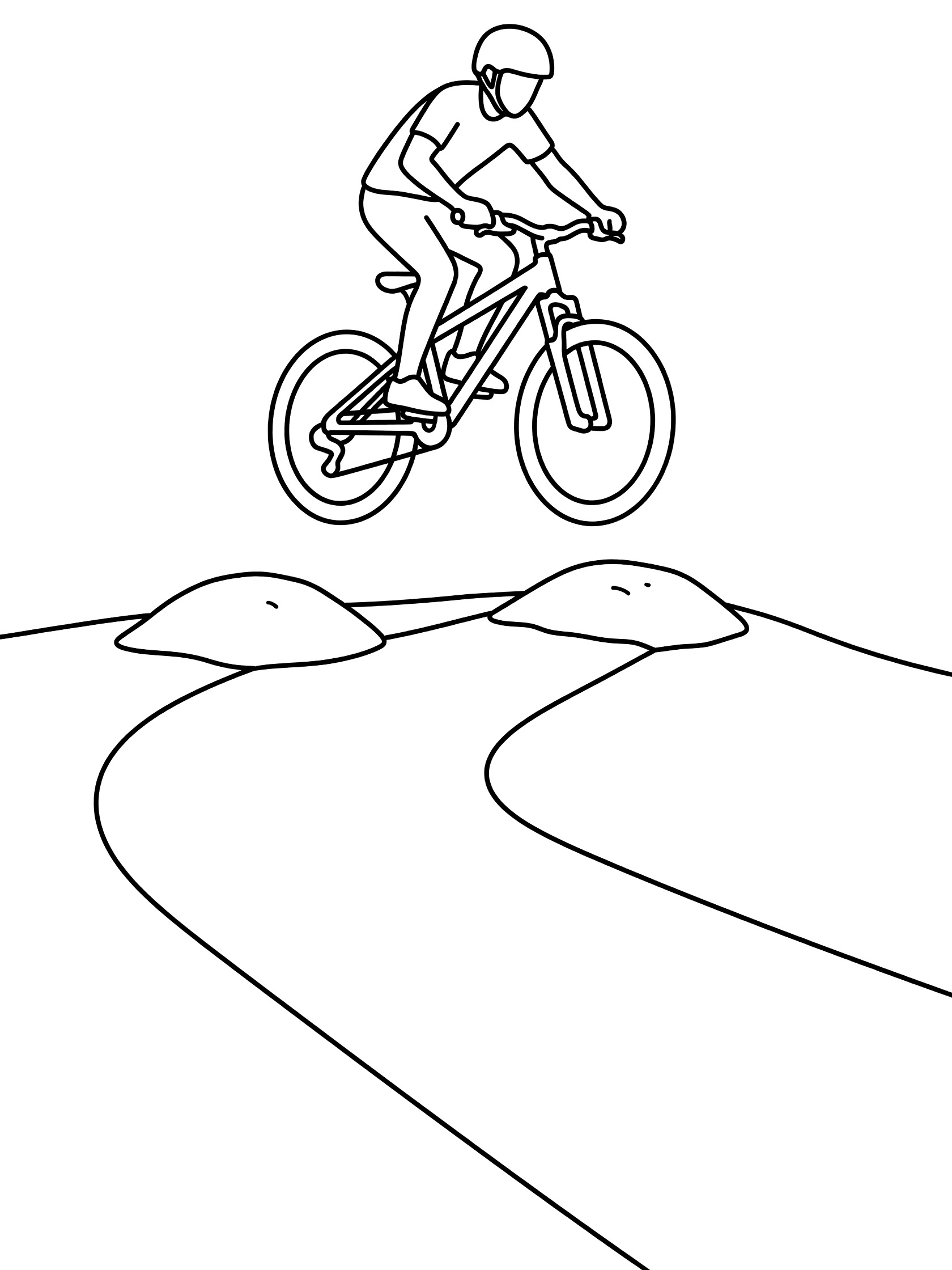 Line art coloring page showing a helmeted mountain biker in mid-jump over two small bumps on a smooth trail with bike and gloves visible.
