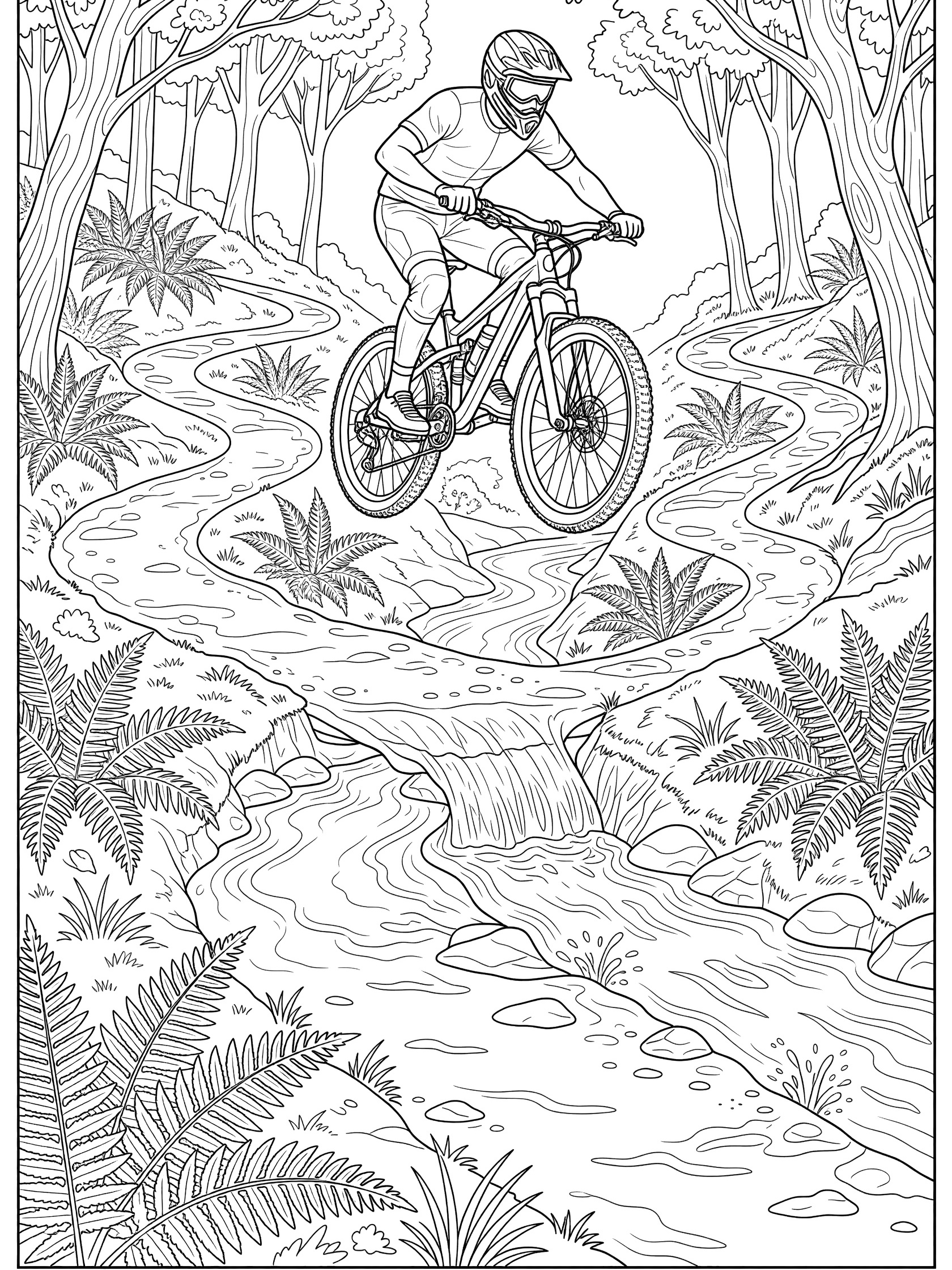 Black and white coloring page of a mountain biker in helmet jumping over a creek on a mountain bike along a curvy forest trail with ferns and trees