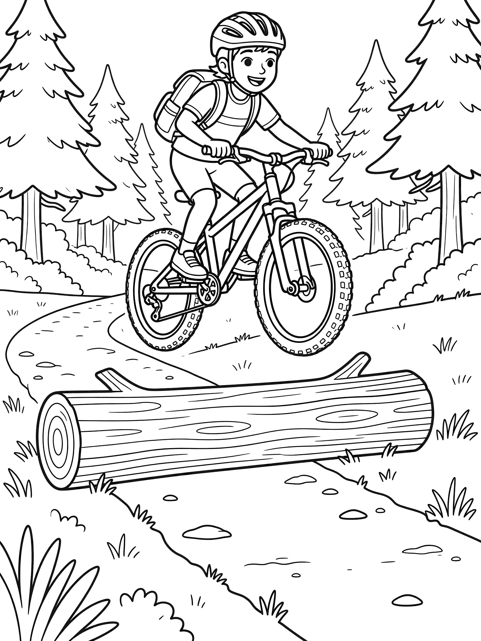 Black and white coloring page of a smiling young mountain biker in helmet and backpack soaring mid-air over a large log on a twisty dirt trail surrounded by pine trees and ferns.