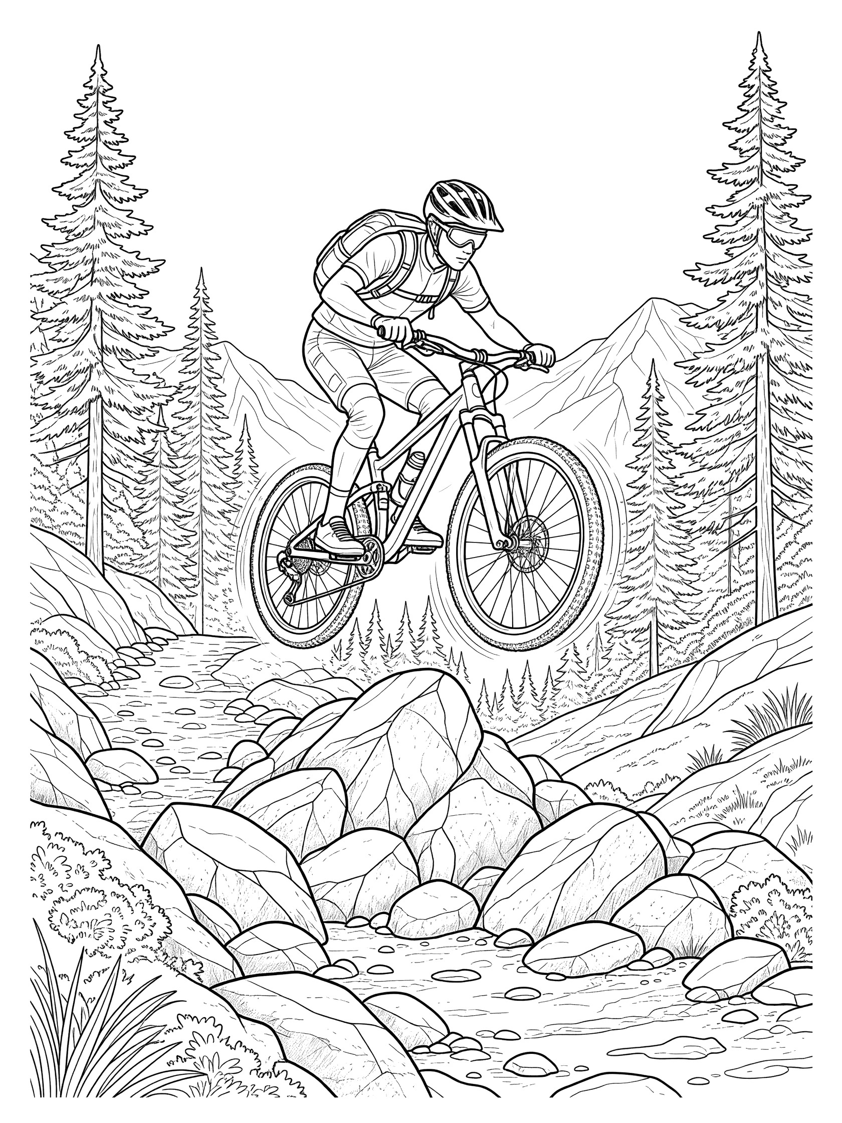 Line drawing of a mountain biker in helmet and backpack jumping airborne over rocks on a mountain bike trail surrounded by pine trees.