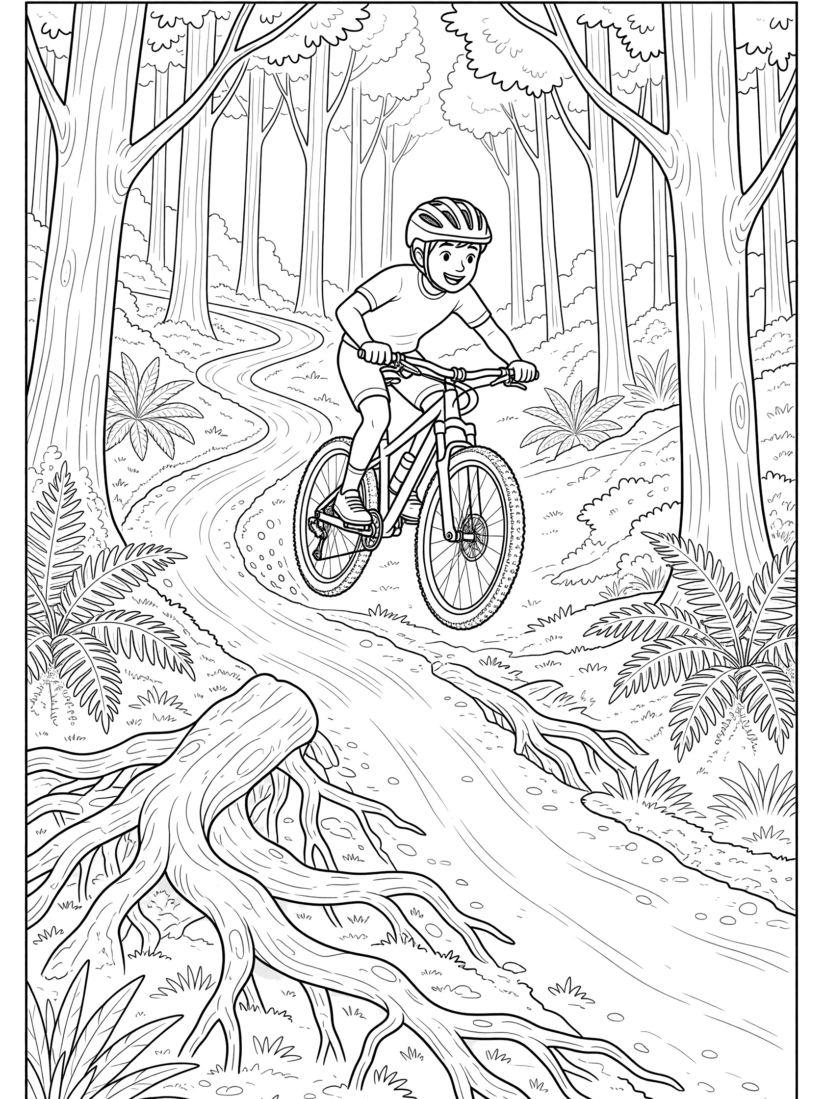 Line art coloring page showing a mountain biker in helmet jumping over roots on a curving singletrack trail surrounded by tall trees and ferns.