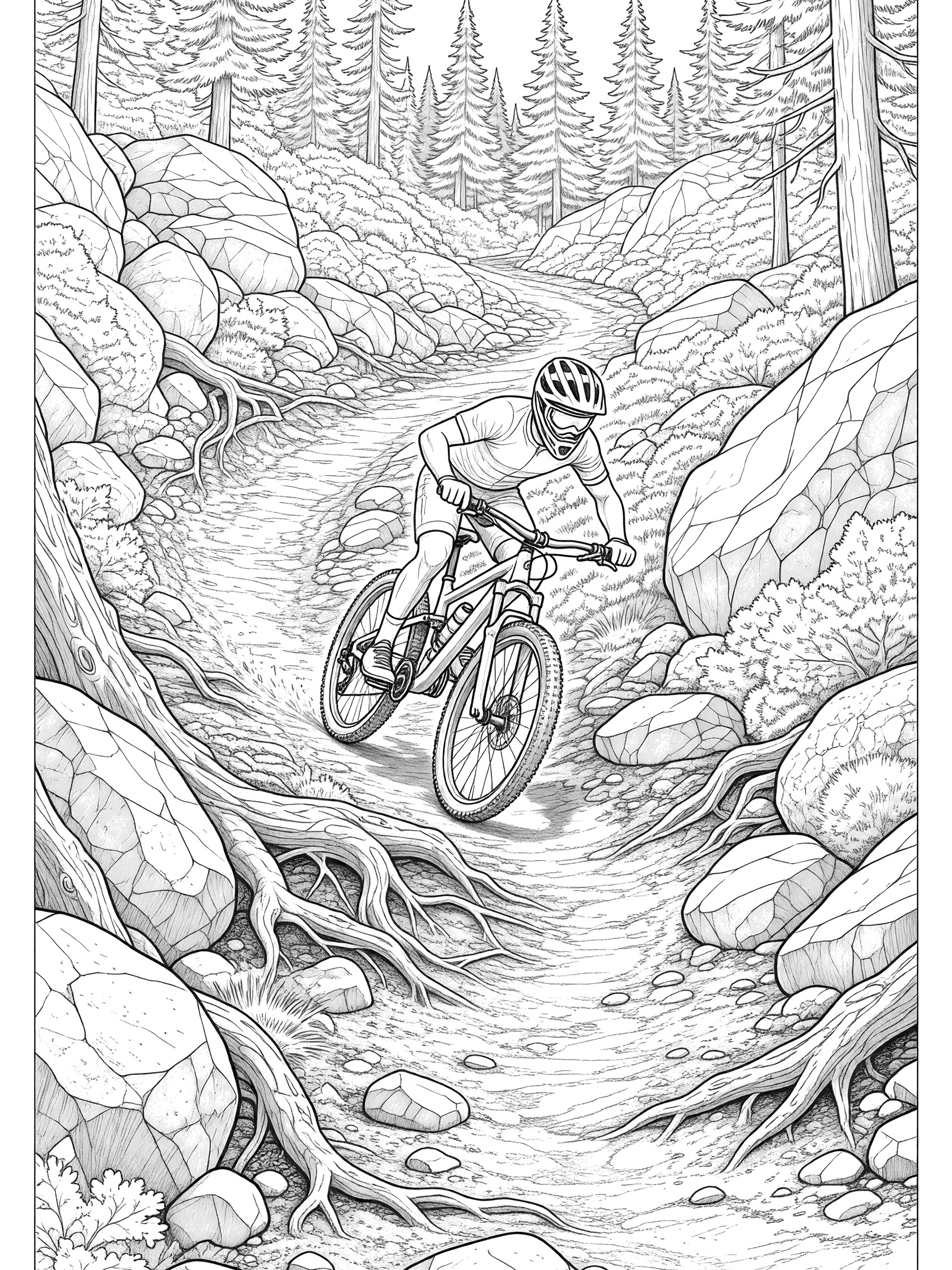 Black-and-white coloring page of a mountain biker riding a suspension bike on a dirt trail, weaving around large boulders and roots downhill through a forest.
