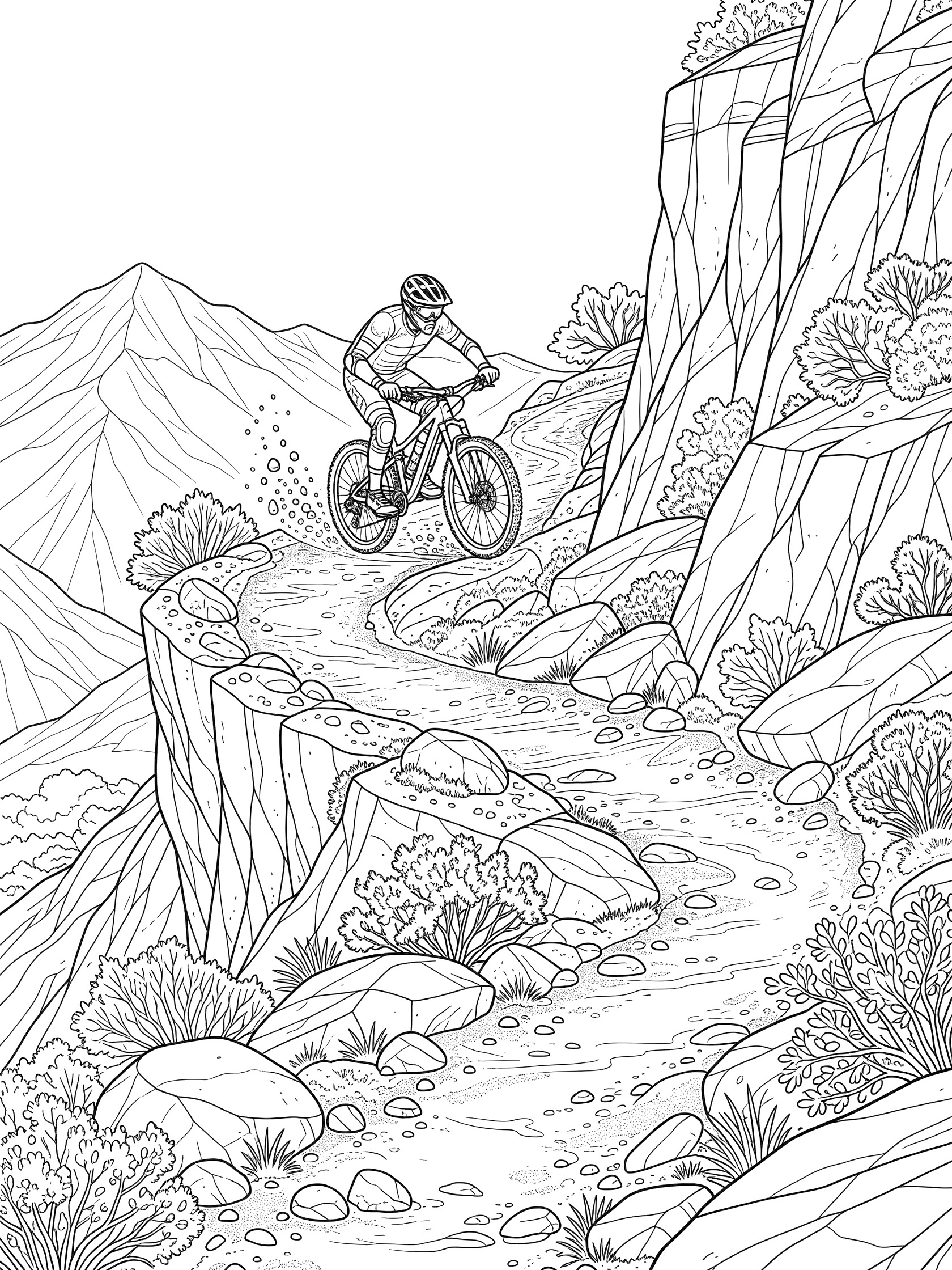 Line art coloring page showing a helmeted mountain biker leaning into a steep descent on a narrow rocky singletrack trail hugging a mountain cliff, with gravel flying from tires, boulders, and scrub bushes.