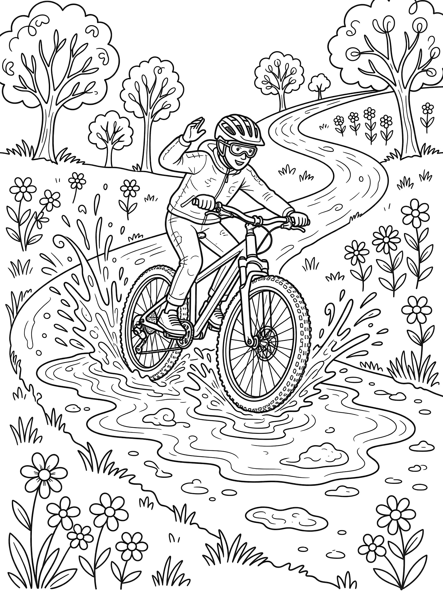 Whimsical line art coloring page showing a biker in helmet riding through a large mud puddle on a curly dirt trail, mud splatters flying, surrounded by flowers and trees.