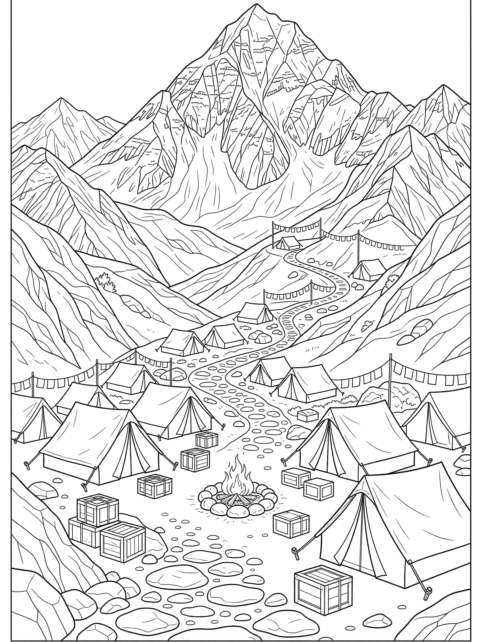 Black and white line art coloring page showing tall jagged mountain with base camp tents, campfire circle, wooden crates, rocky paths winding up slopes, and string of prayer flags. Makalu themed black and white printable line art