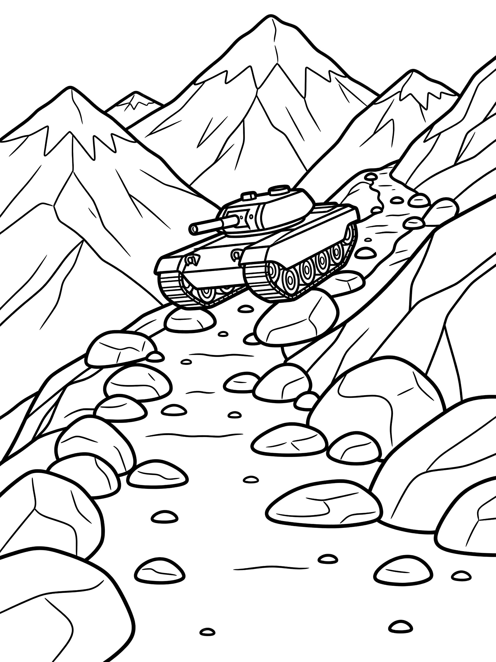Line art coloring page showing a rugged tank ascending a rocky mountain trail, gripping boulders with wide treads, surrounded by peaks and scattered rocks.