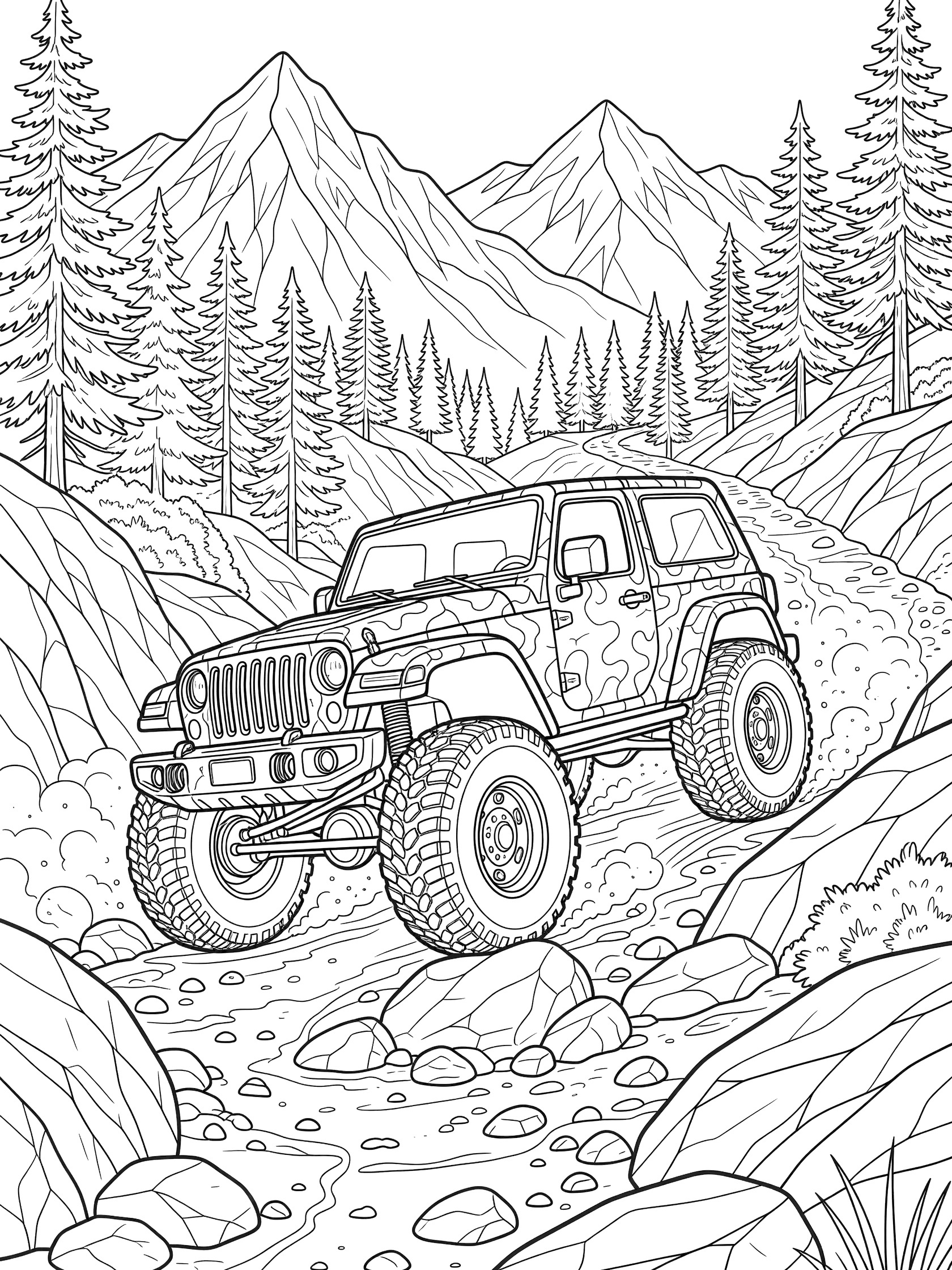 Black and white coloring page of a military Jeep with camouflage patterns and oversized tires gripping boulders on a steep mountain path with pine trees and rocky terrain.