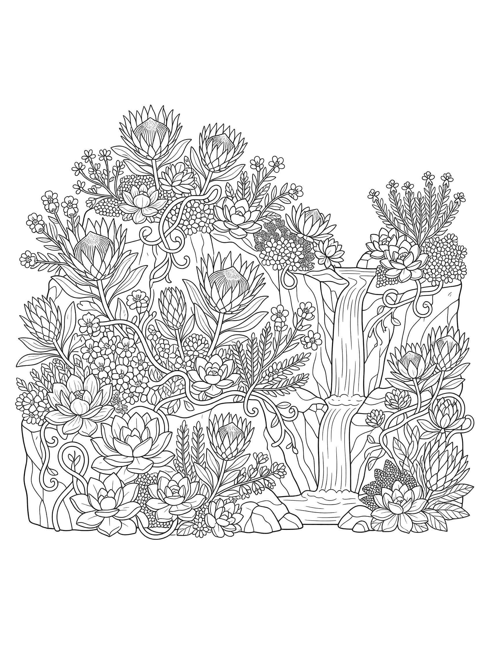 Black and white line art coloring page of a flat-topped mountain plateau with detailed flowers, protea blooms, succulents, twisting vines, rocks, and a trickling waterfall down the cliff. Table Mountain themed black and white printable line art