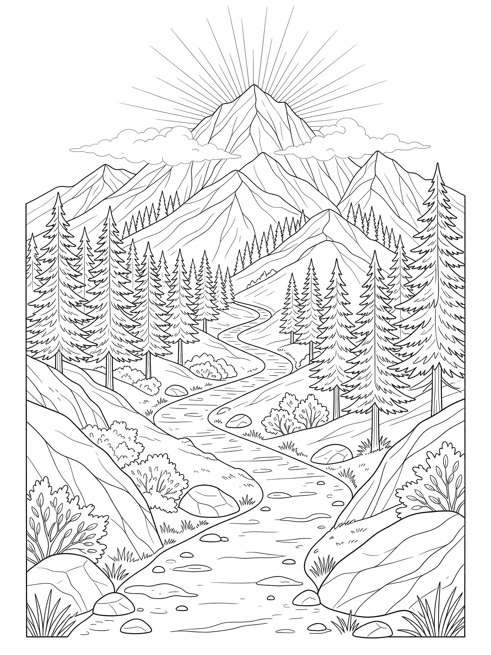 Black and white line art coloring page of a curvy path winding through pine trees and rocks toward a peaked mountain with sun rays and clouds overhead. Mount Olympus themed black and white printable line art