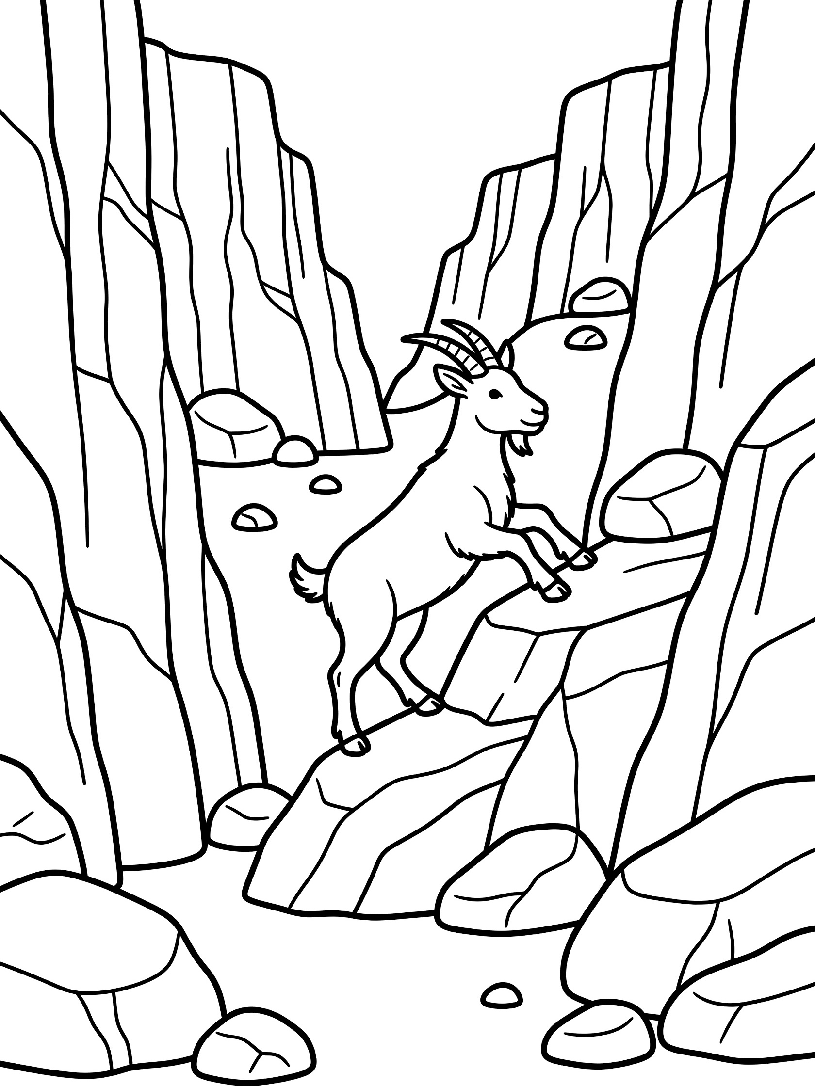 Black line art coloring page showing a mountain goat with curved horns jumping on a rock ledge in a deep canyon with tall walls and scattered boulders. Marble Canyon themed black and white printable line art