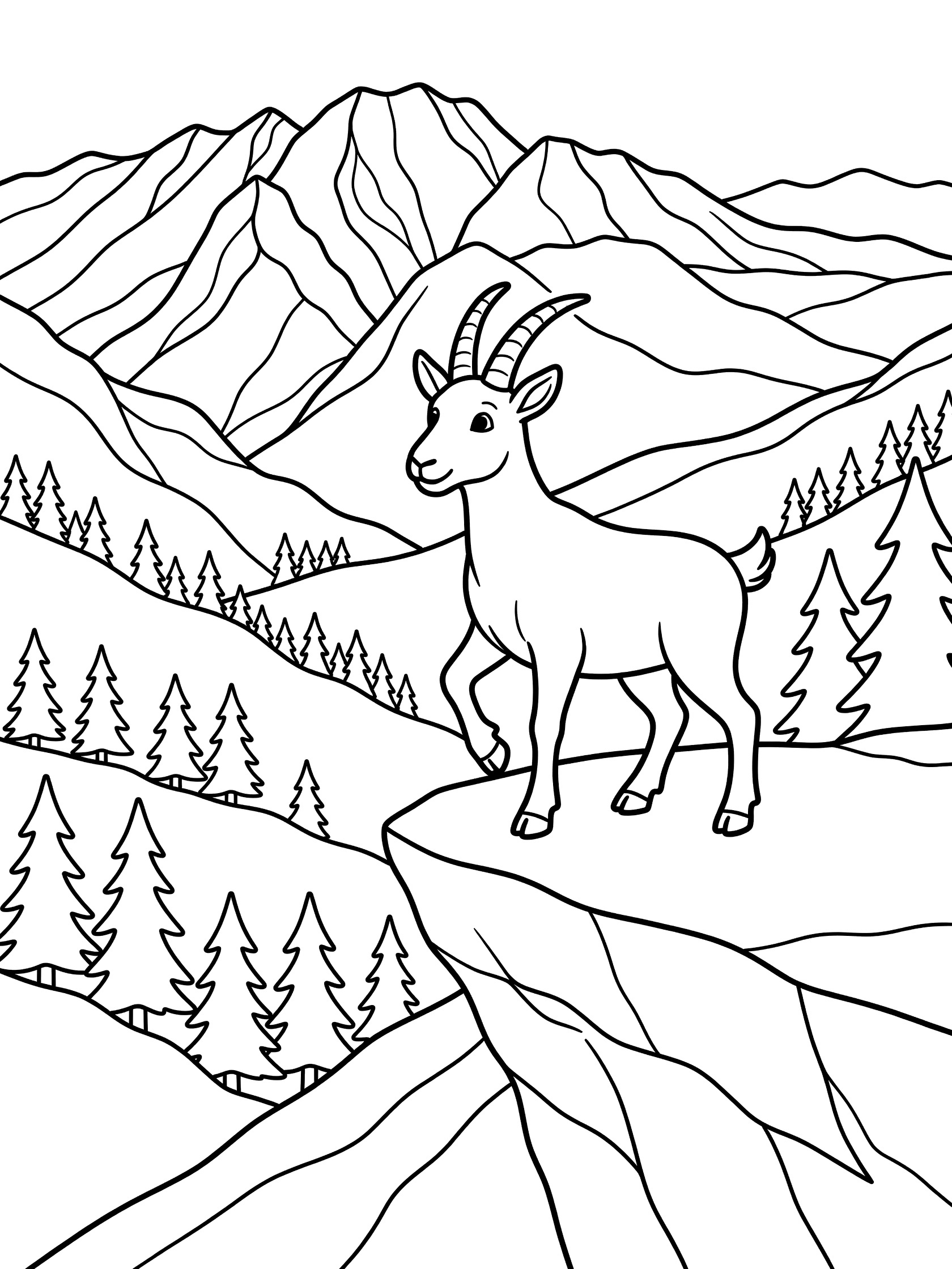 Black and white line art of a mountain goat on a cliff ledge, with rugged mountain peaks, pine trees on slopes, and distant valleys below. Pikes Peak themed black and white printable line art