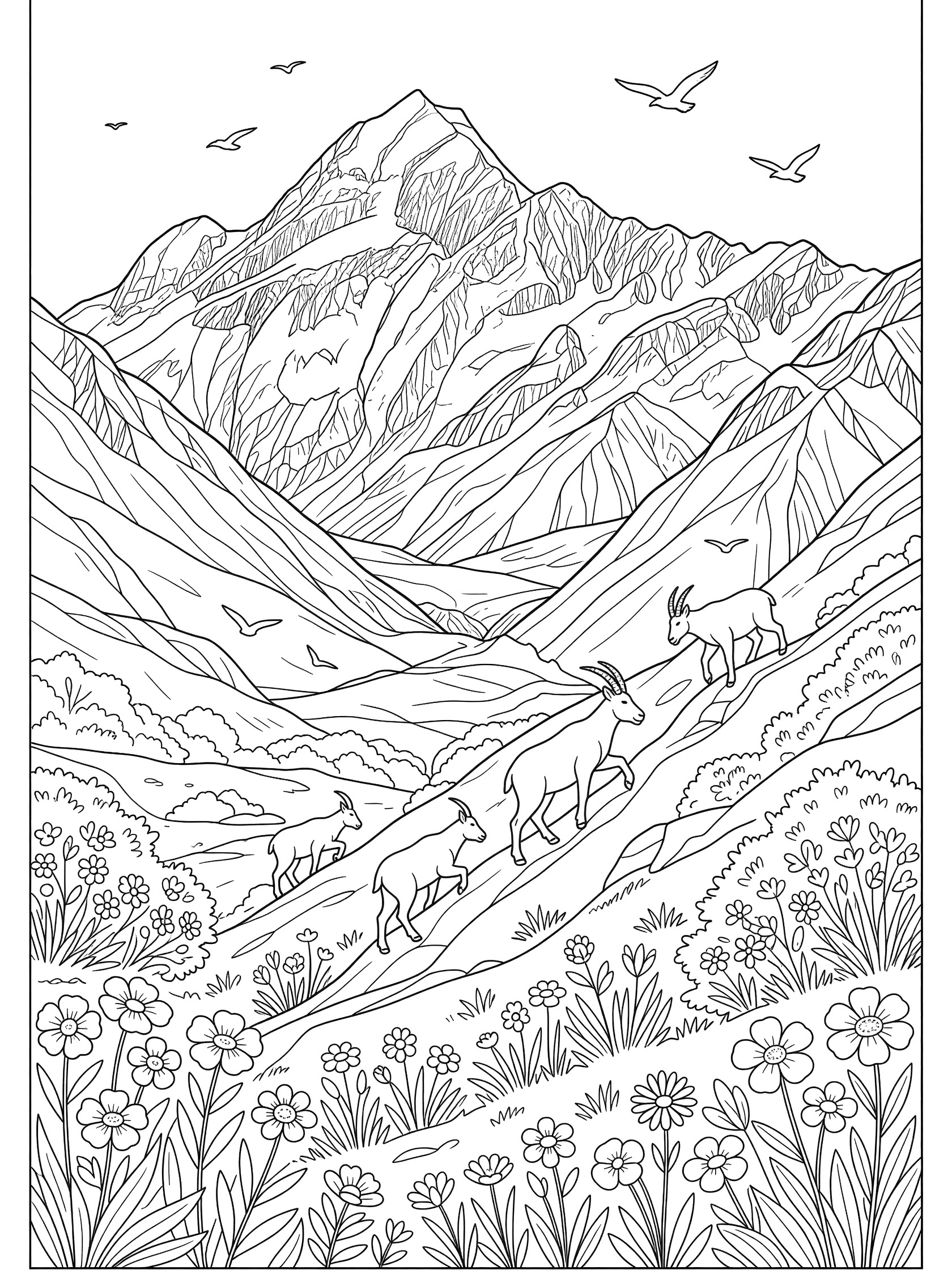 Black and white line art coloring page showing mountain goats climbing a rocky path, tall jagged mountain peak in background, flying birds, bushes and flowers in foreground valley. Mount Cook themed black and white printable line art