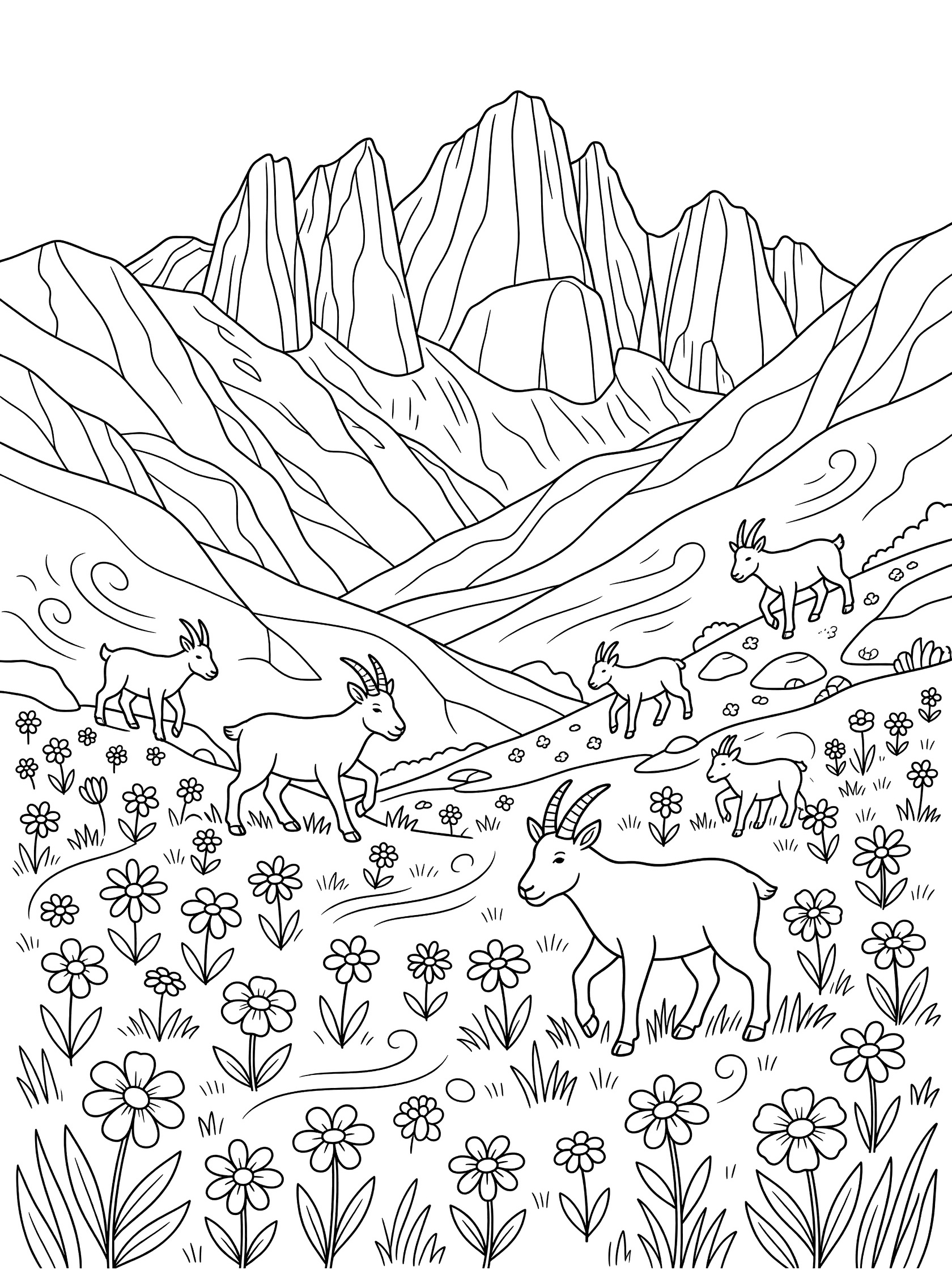 Black and white line art coloring page showing several mountain goats standing and climbing on rocky mountain slopes with tall jagged peaks in the background and scattered flowers in the foreground meadow. Mount Whitney themed black and white printable line art