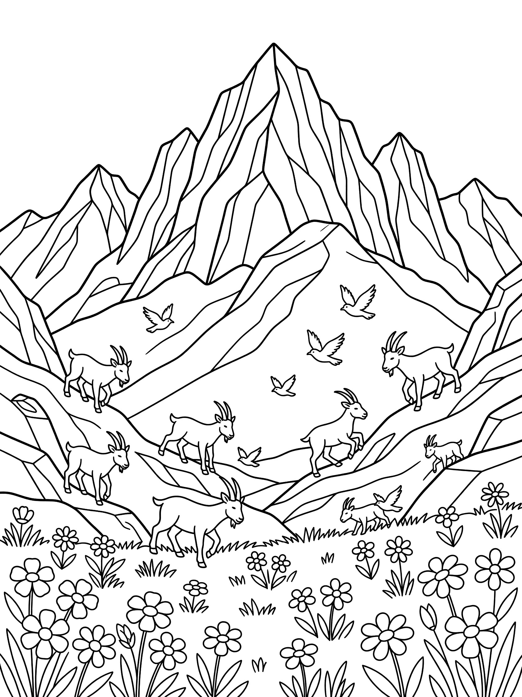 Black and white line art coloring page showing a tall mountain peak with mountain goats climbing the slopes, birds soaring in the sky, and wildflowers in the foreground meadow. Mount Olympus themed black and white printable line art