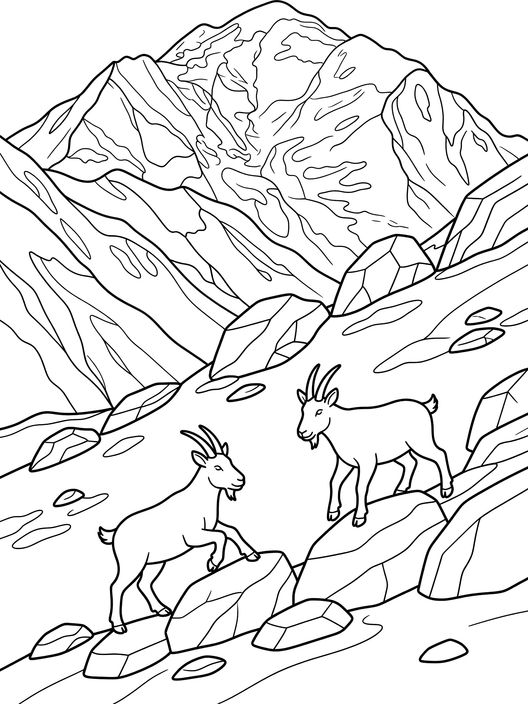 Black and white line art coloring page showing two mountain goats standing and climbing on rocky slopes with a large pointed mountain peak in the background. Mont Blanc themed black and white printable line art