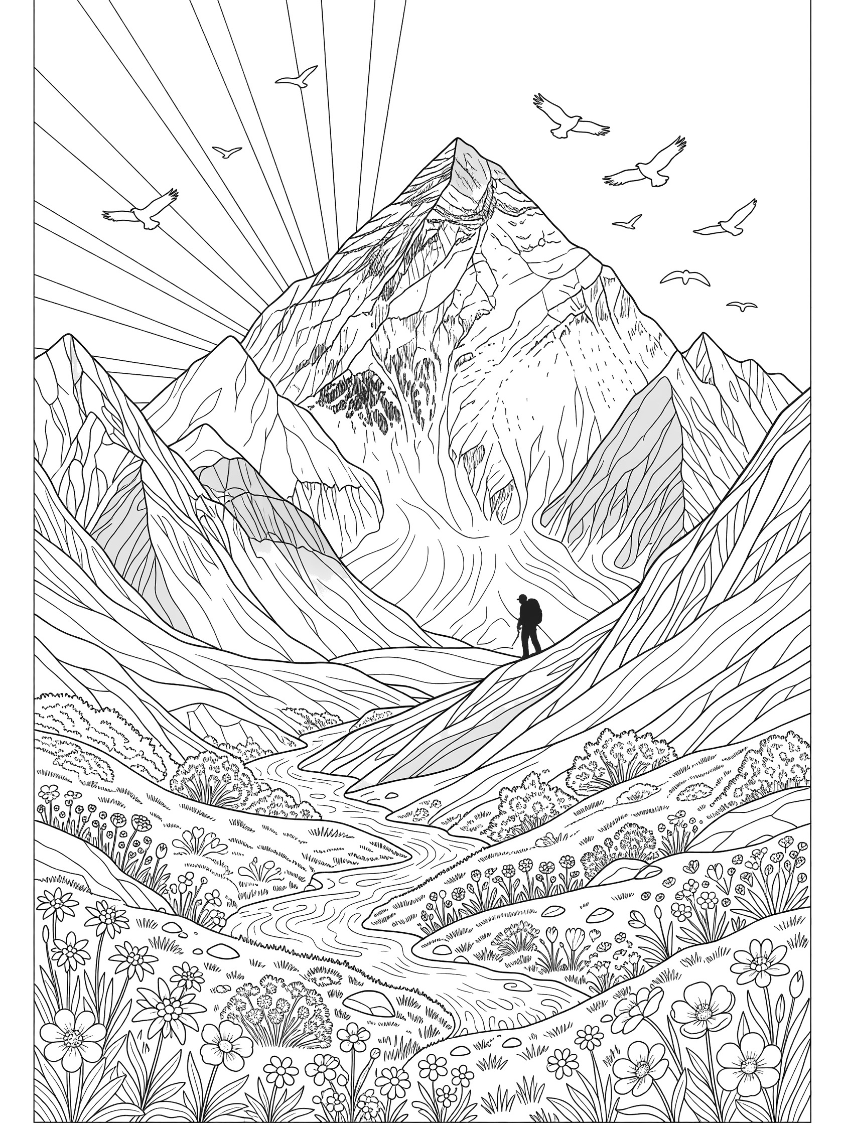 Black and white line art coloring page showing a jagged mountain summit with sun rays, birds flying, a distant hiker on a ridge, winding stream, flowers and grassy meadows in the valley. K2 themed black and white printable line art