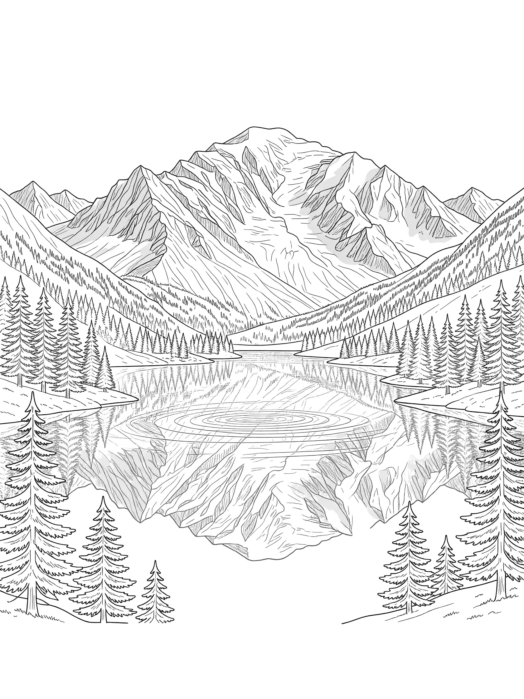Black and white line drawing of a tall mountain peak reflected in a lake, surrounded by pine trees, coloring page. Mont Blanc themed black and white printable line art