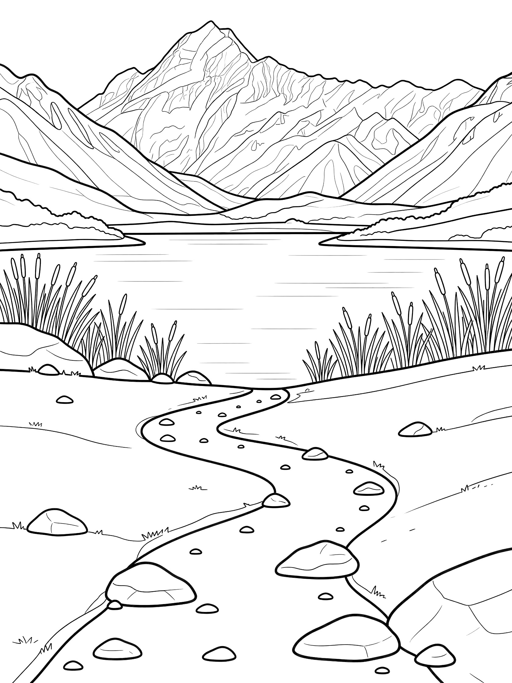 Black and white line art coloring page showing a serene mountain lake with a prominent tall peak in the background, surrounding mountains, reeds along the shore, and a winding path lined with rocks leading to the water. Mount Cook themed black and white printable line art