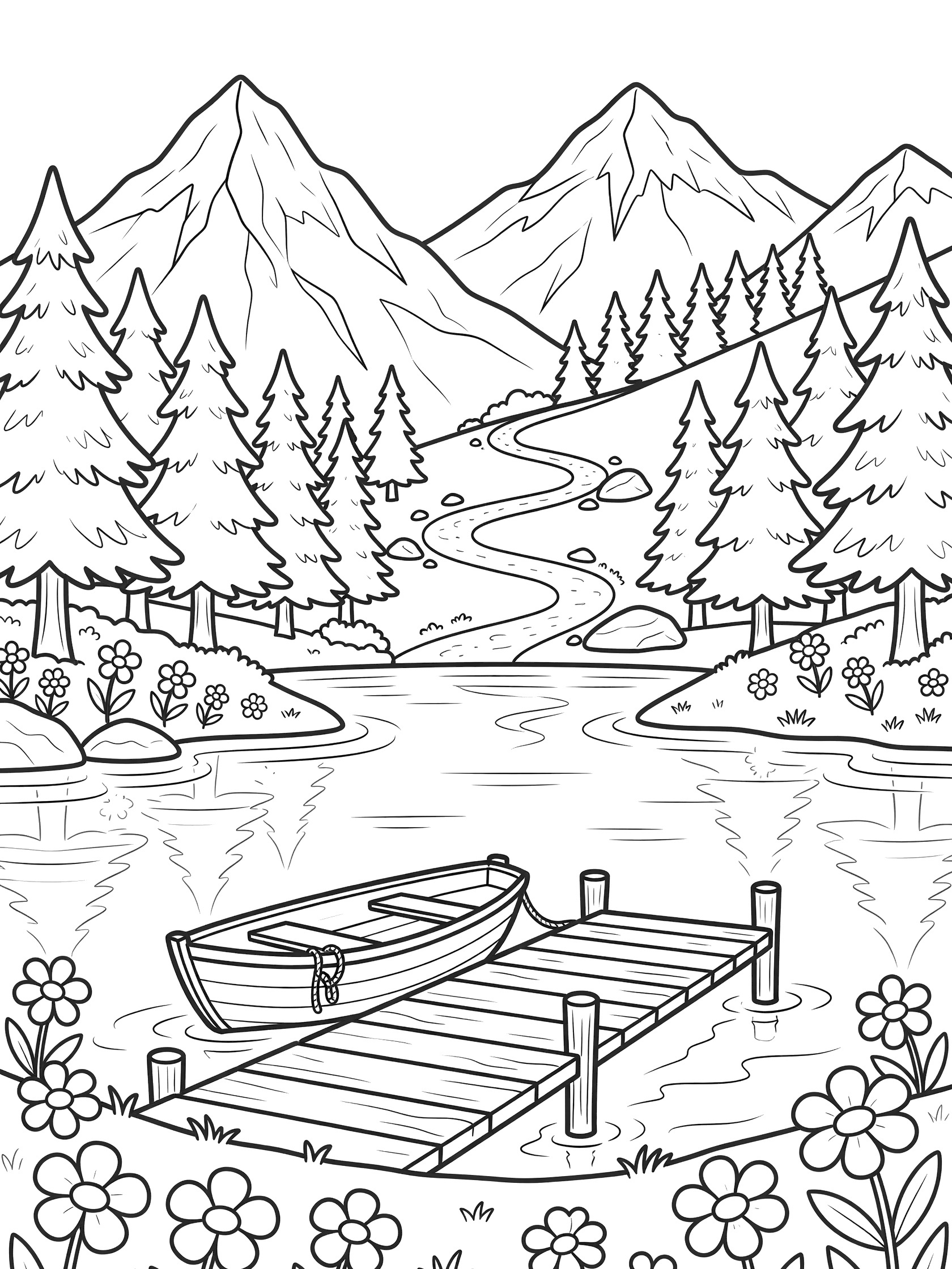 Scenic lakes coloring page showing a calm mountain lake with wooden dock and tied rowboat, surrounded by flowers, trees, and tall peaks in the background.