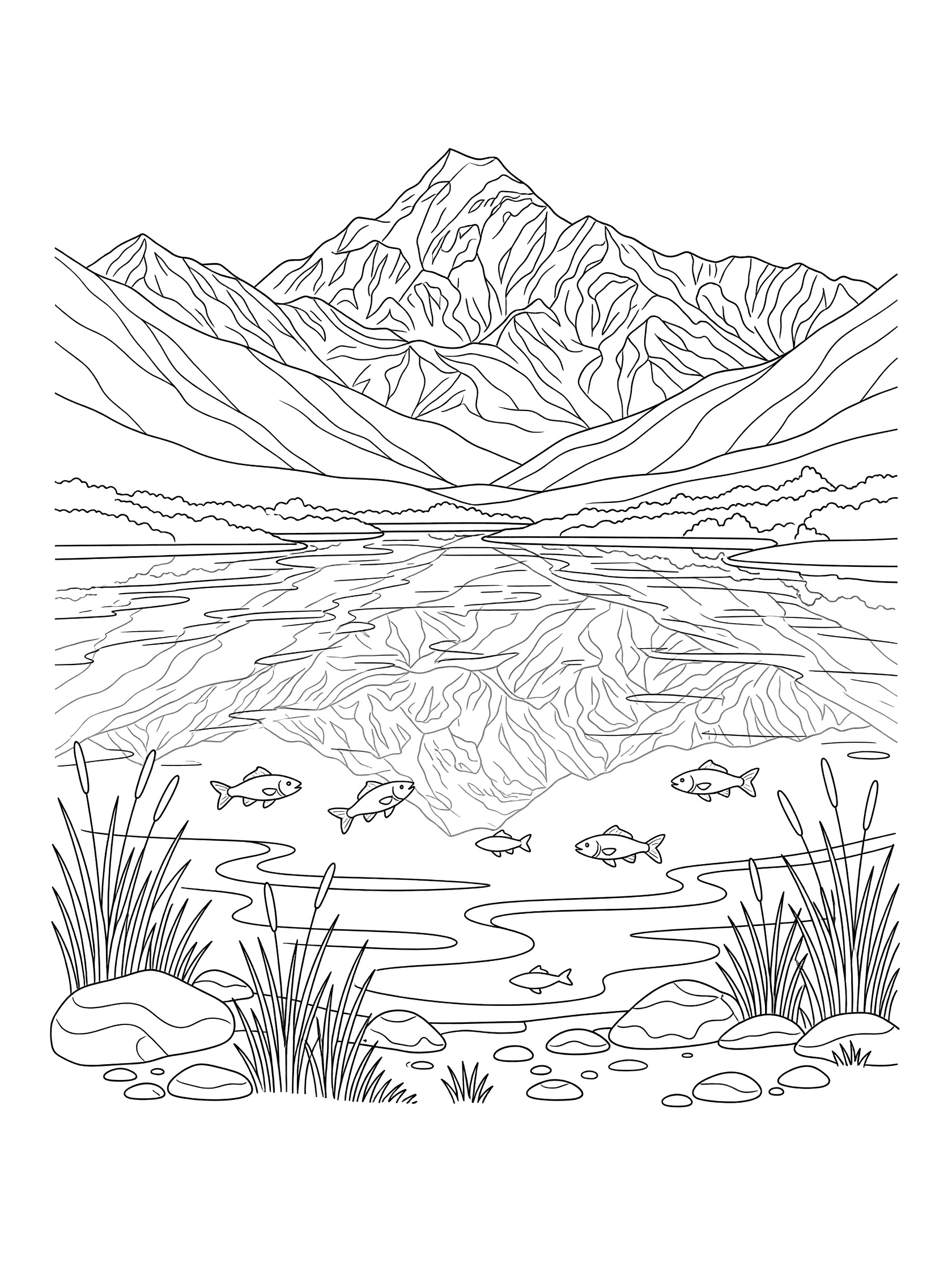 Black and white line art of a mountain lake reflecting tall jagged peaks, with fish in the water, reeds, and stones on the shore. Annapurna themed black and white printable line art