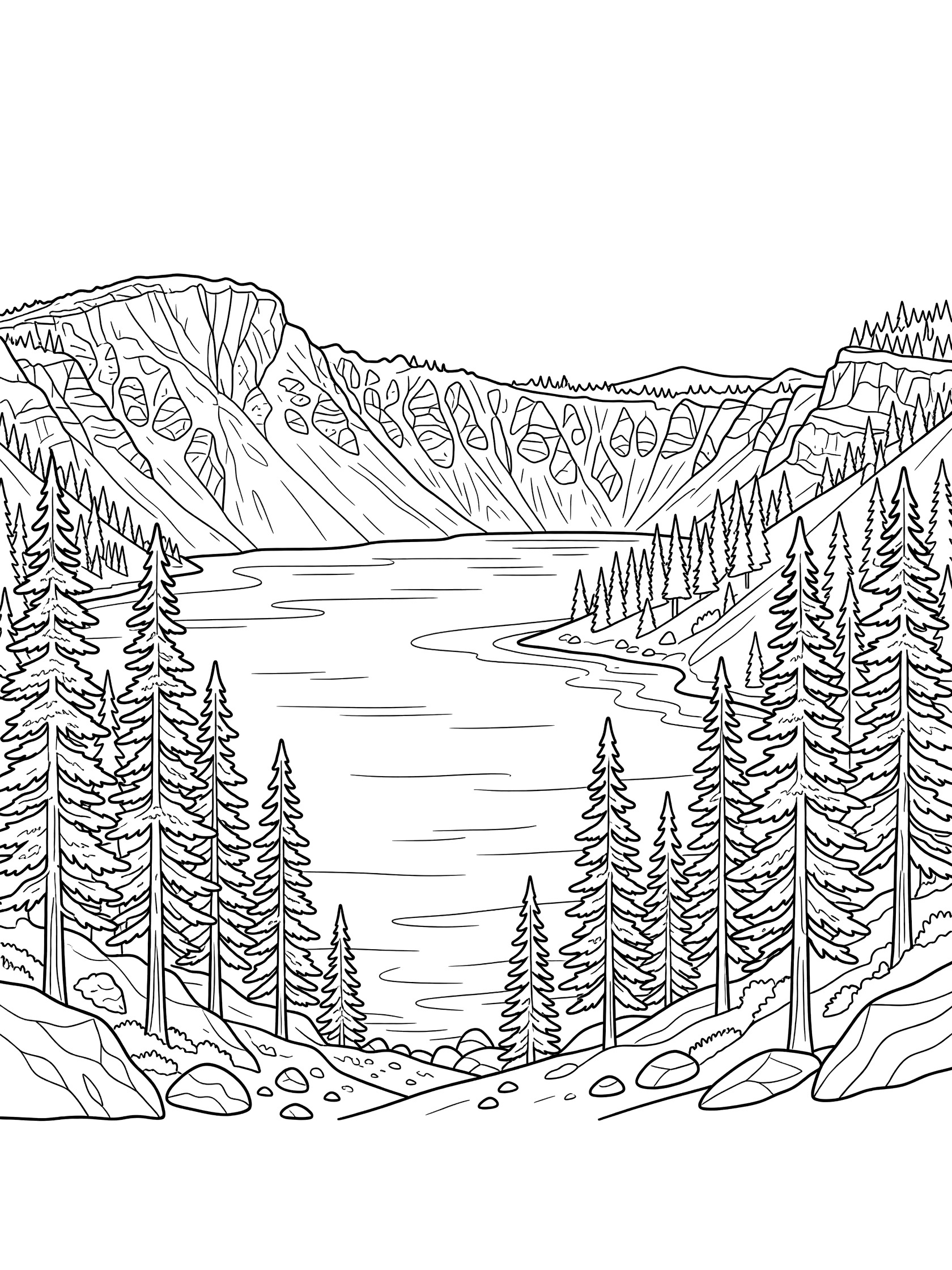 Black and white line drawing of a serene mountain lake surrounded by steep cliffs, pine trees, and rocks. Crater Lake themed black and white printable line art