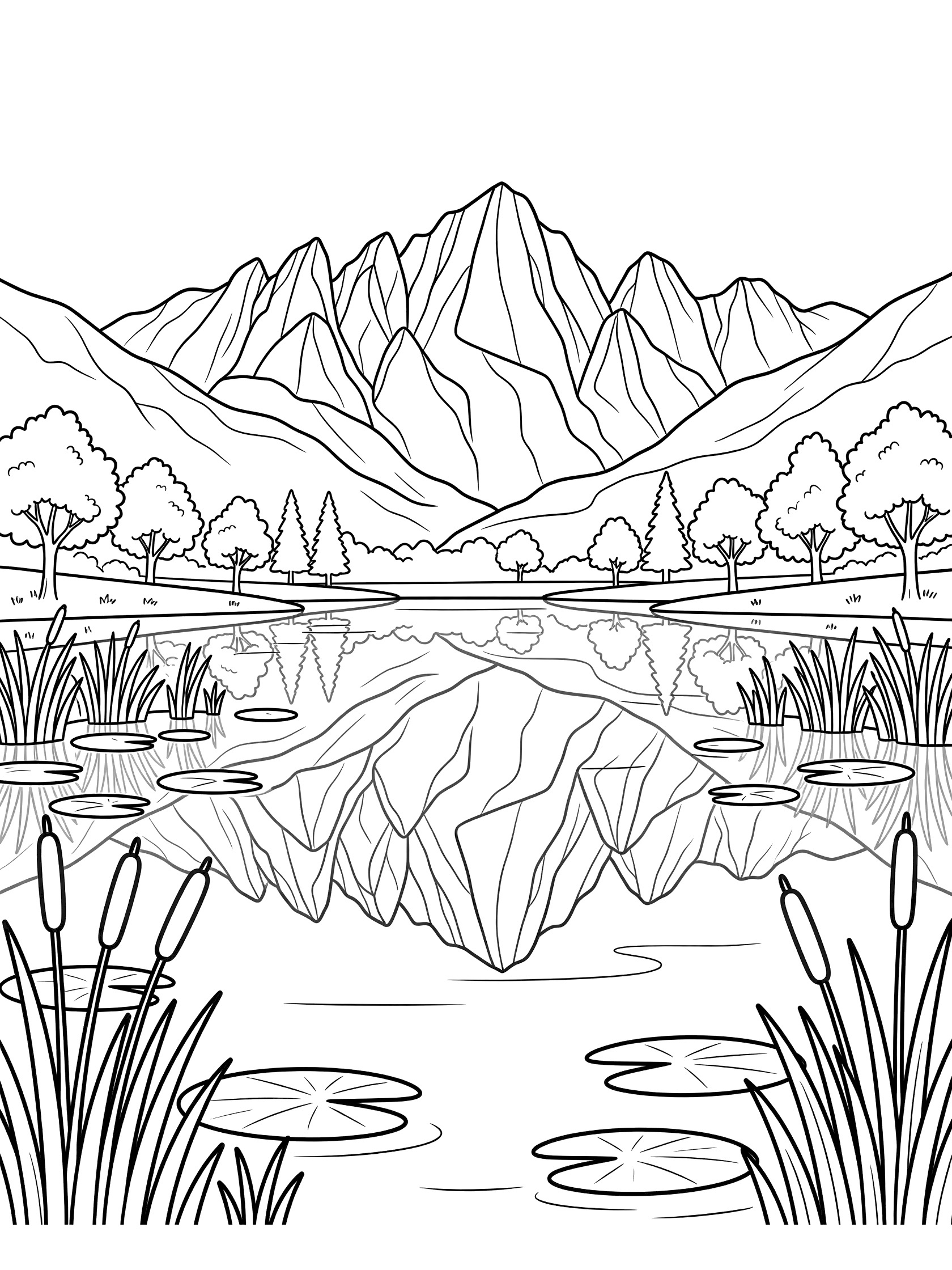 Black and white line art coloring page of jagged mountain peaks reflected in a calm lake with reeds, lily pads, and trees along the shore. Mount Whitney themed black and white printable line art