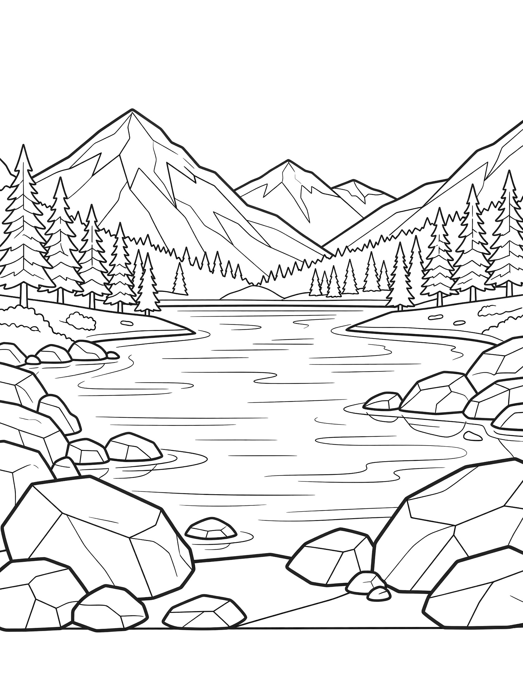 Black and white line art of a serene mountain lake surrounded by pine trees, jagged rocky shores, and snow-capped mountain peaks. Mountain Lakes themed black and white printable line art