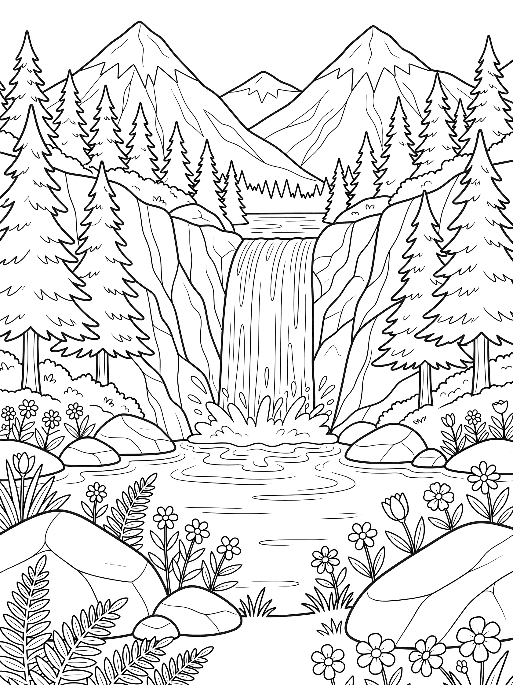 Black and white line art coloring page of a mountain lake with cascading waterfall, surrounded by pine trees, boulders, ferns, wildflowers, and snow-capped peaks.