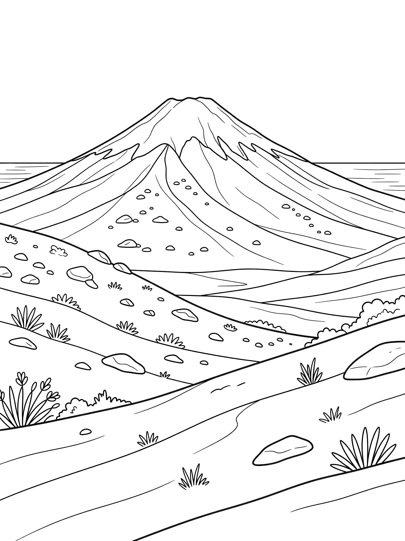 Black and white line art coloring page of a tall mountain with rounded top, rocky slopes, sparse plants, rolling hills, and distant ocean line. Mauna Kea themed black and white printable line art