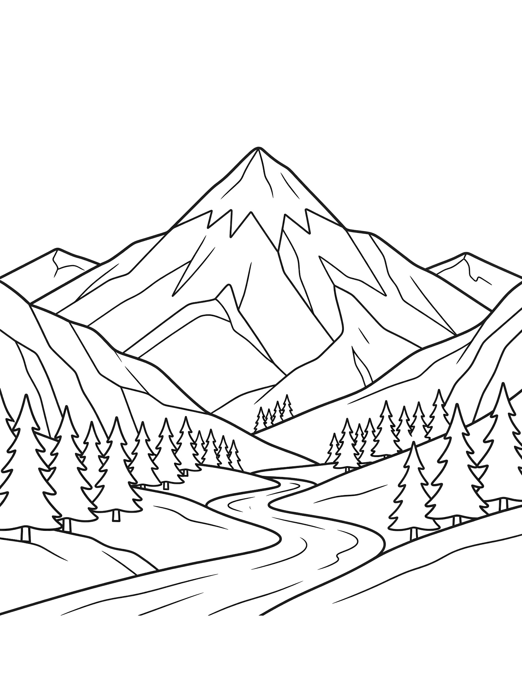 Black and white line drawing of a tall pointed mountain peak with rugged sides, surrounded by pine trees at the base, and a curving river through the valley below. Mount Olympus themed black and white printable line art