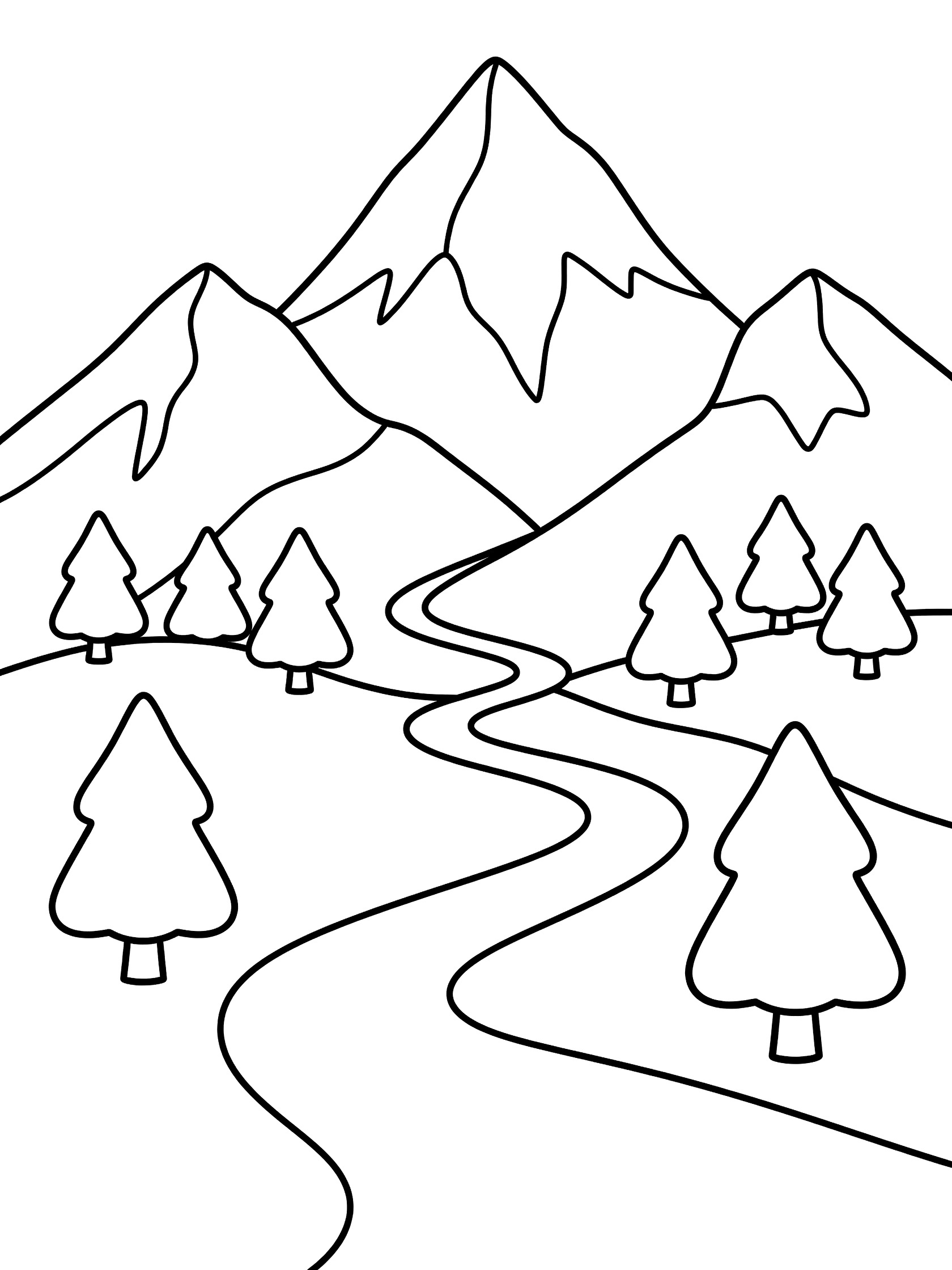 Black and white line art coloring page showing a large peaked mountain with smaller mountains behind, pine trees along a winding river path. Makalu themed black and white printable line art