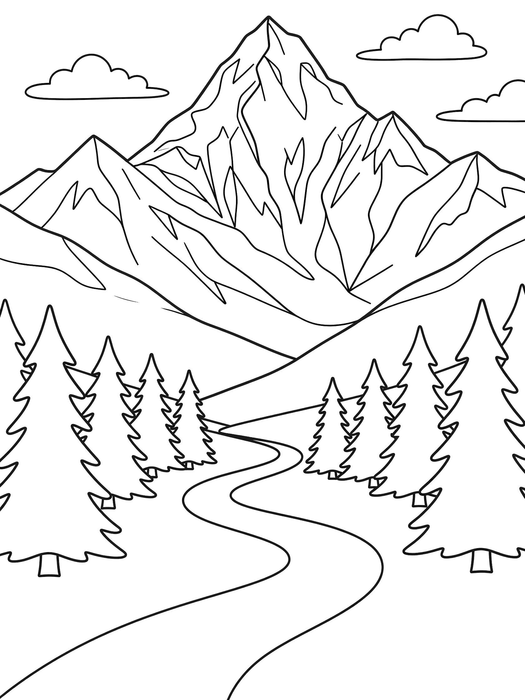 Black and white line art coloring page showing a majestic mountain peak in the background with surrounding mountains, fluffy clouds, pine trees in the foreground, and a winding river through the valley. Annapurna themed black and white printable line art