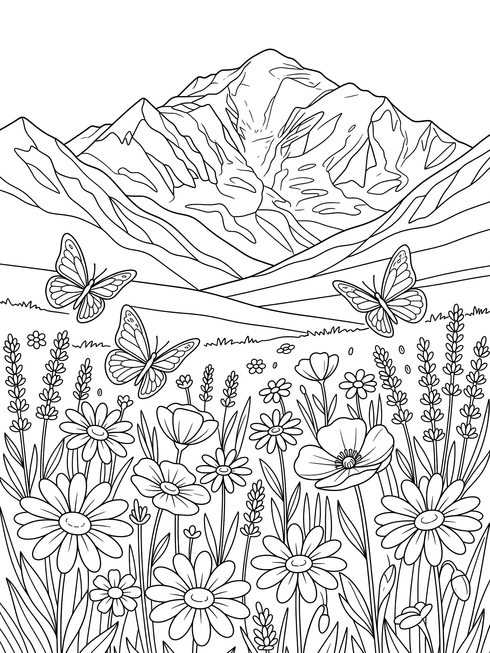 Black and white line art coloring page of a flower meadow with daisies, lavender, butterflies, and tall mountains behind. Mont Blanc themed black and white printable line art