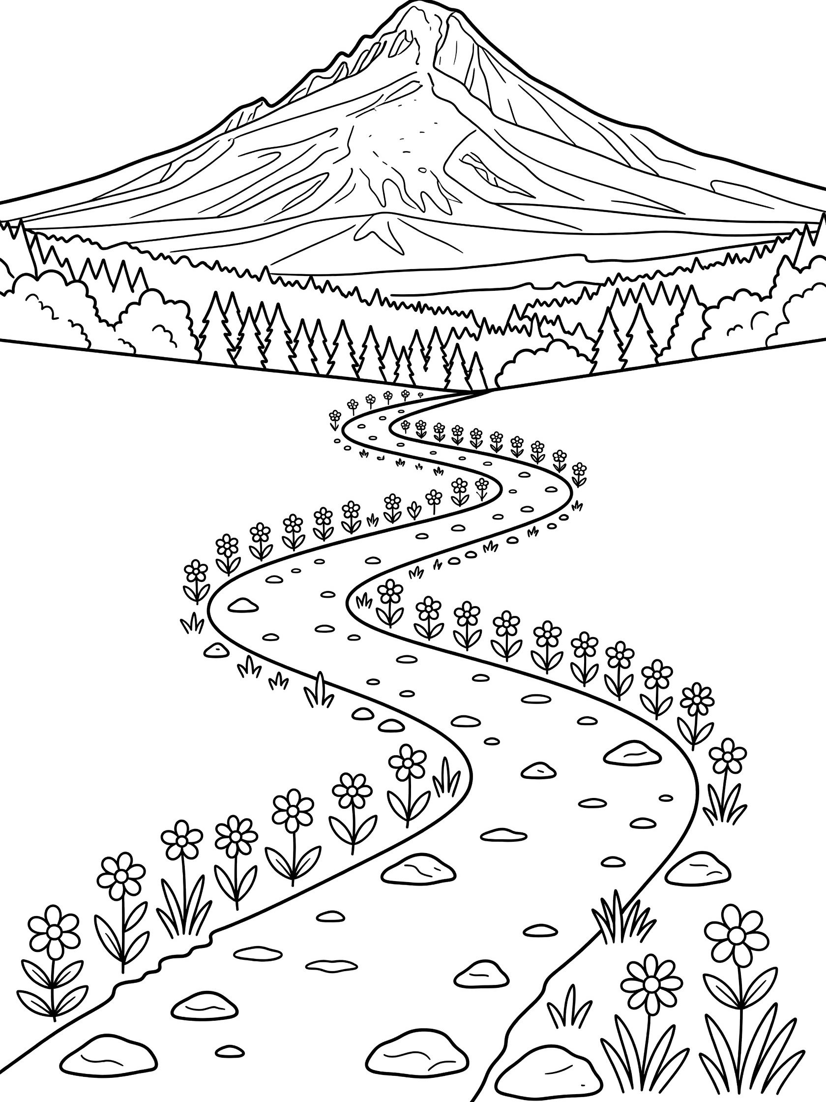 Black and white line drawing of a winding dirt path with flowers and rocks leading up to a tall mountain with a forested base. Mount Hood themed black and white printable line art