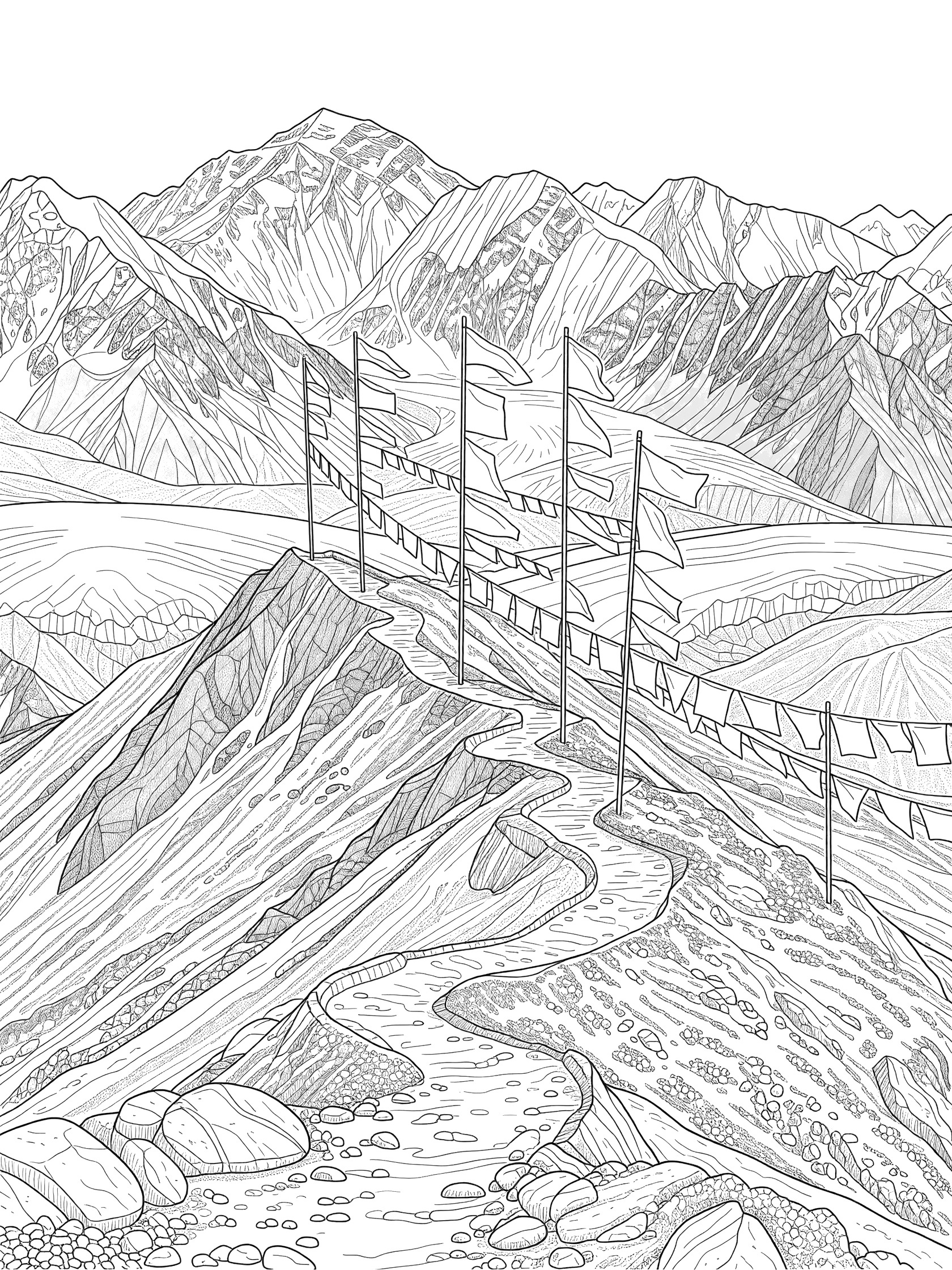 Black and white line art coloring page showing a rocky mountain path leading to poles with hanging prayer flags, surrounded by layered ridges and distant mountain peaks. Annapurna themed black and white printable line art