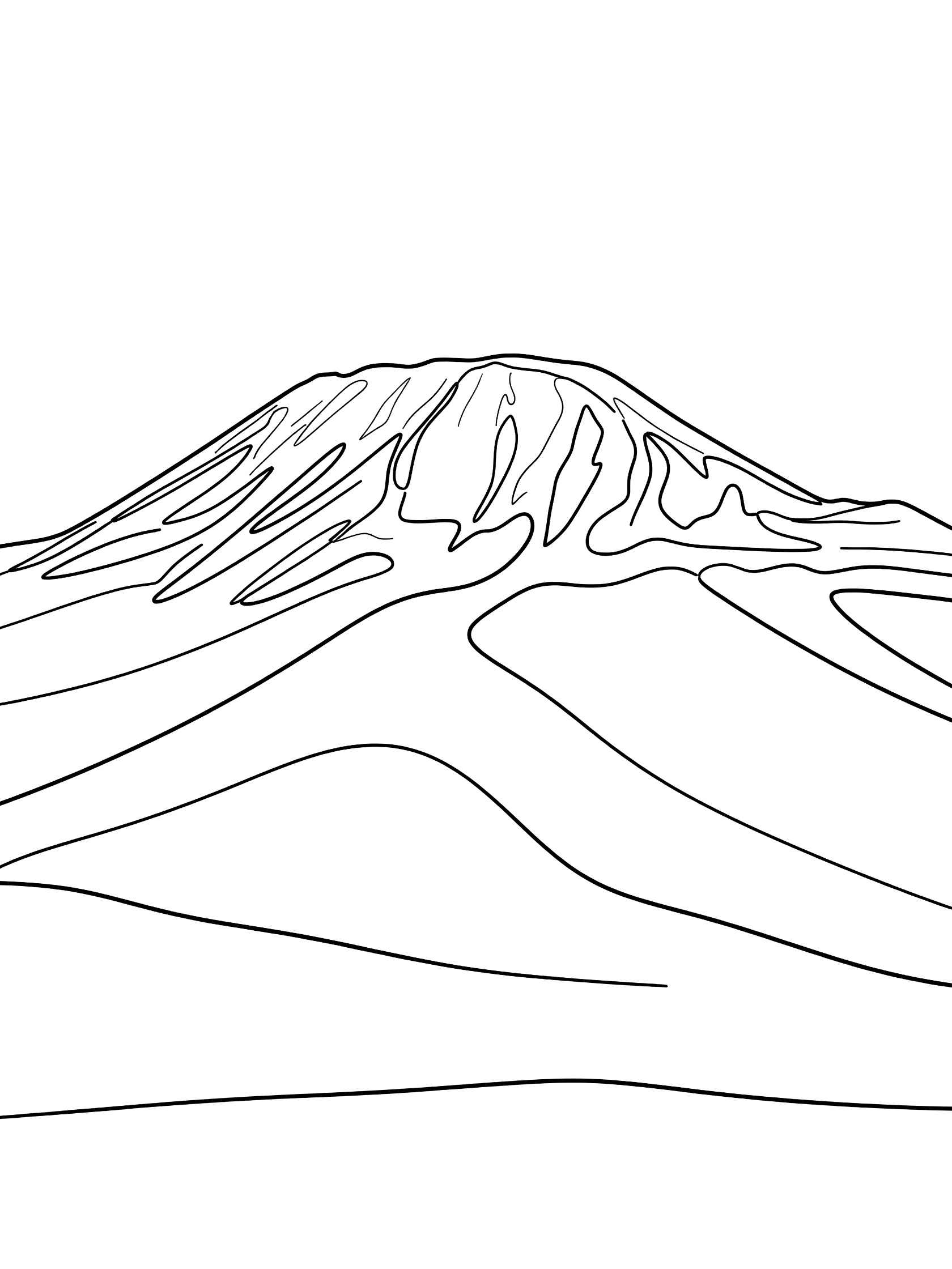 Black and white line art coloring page of a tall mountain peak with multiple curved summits and sloping base on pure white background. Mount Kilimanjaro themed black and white printable line art