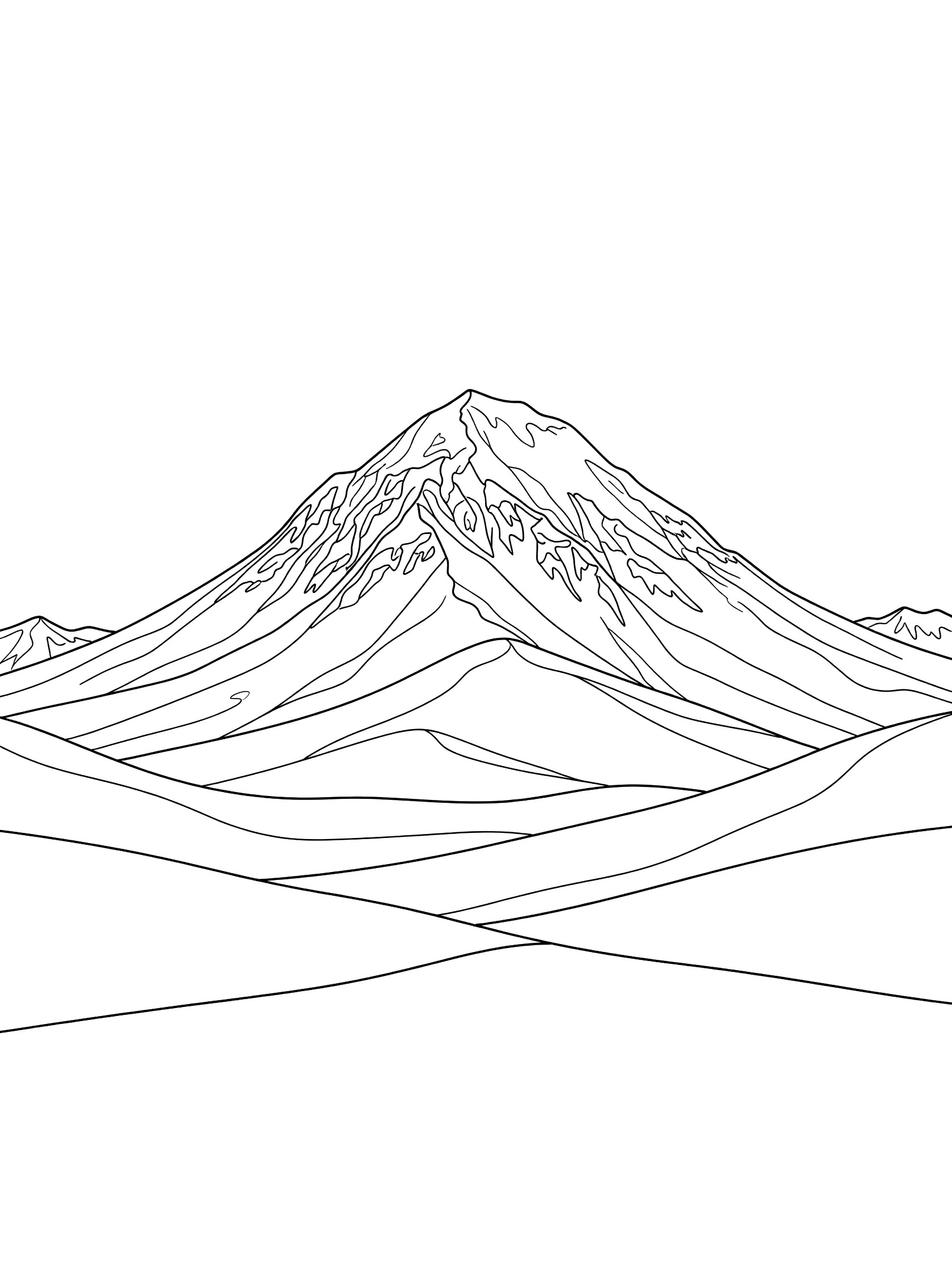 Black and white printable coloring page showing a tall pyramid-shaped mountain peak with snow cap lines, rocky slopes, and gentle foothills on a white background. Mount Kailash themed black and white printable line art