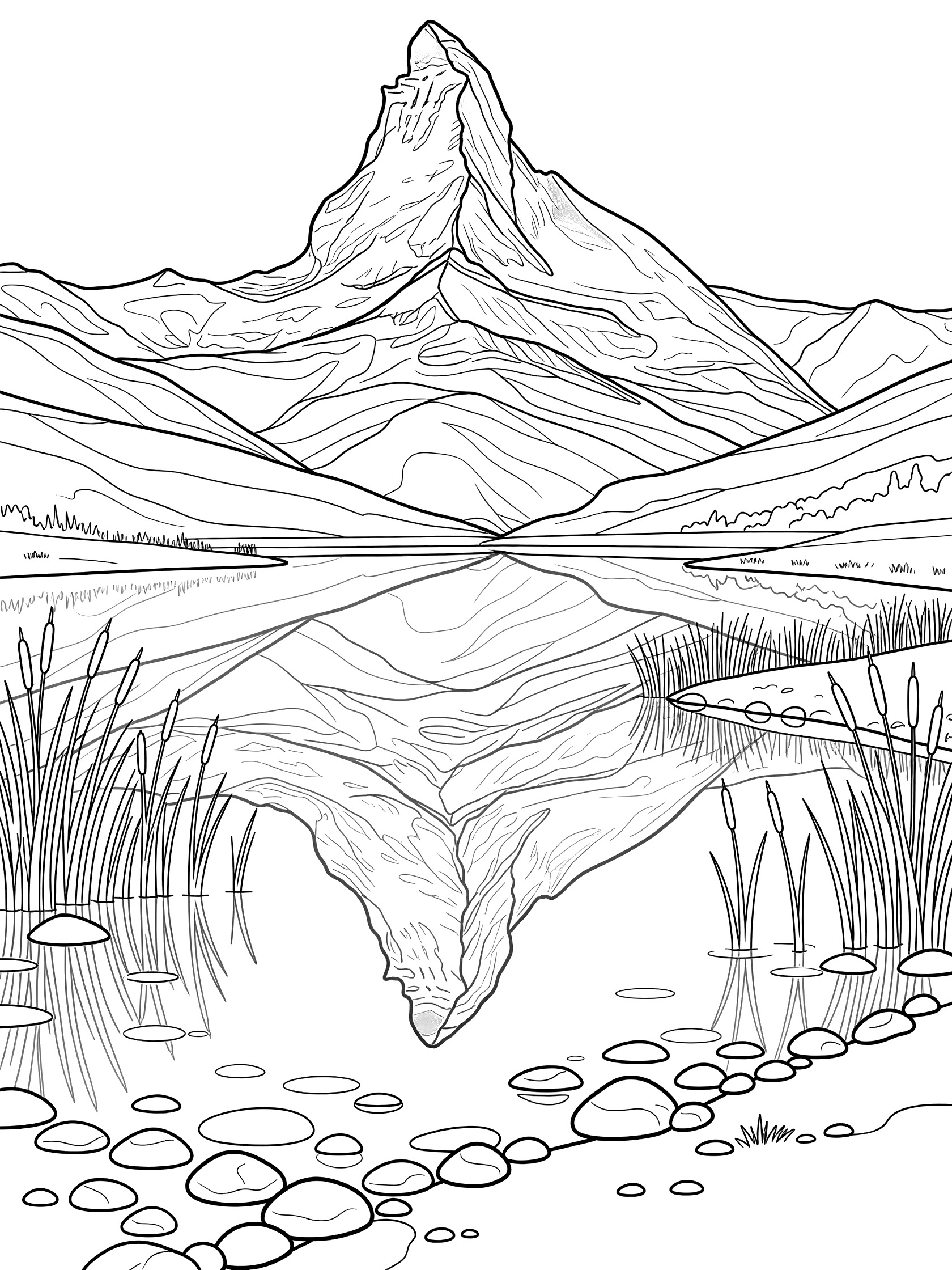 Black and white line art coloring page showing a tall jagged mountain peak reflected perfectly in a calm lake, with reeds, pebbles, and surrounding hills. Matterhorn themed black and white printable line art