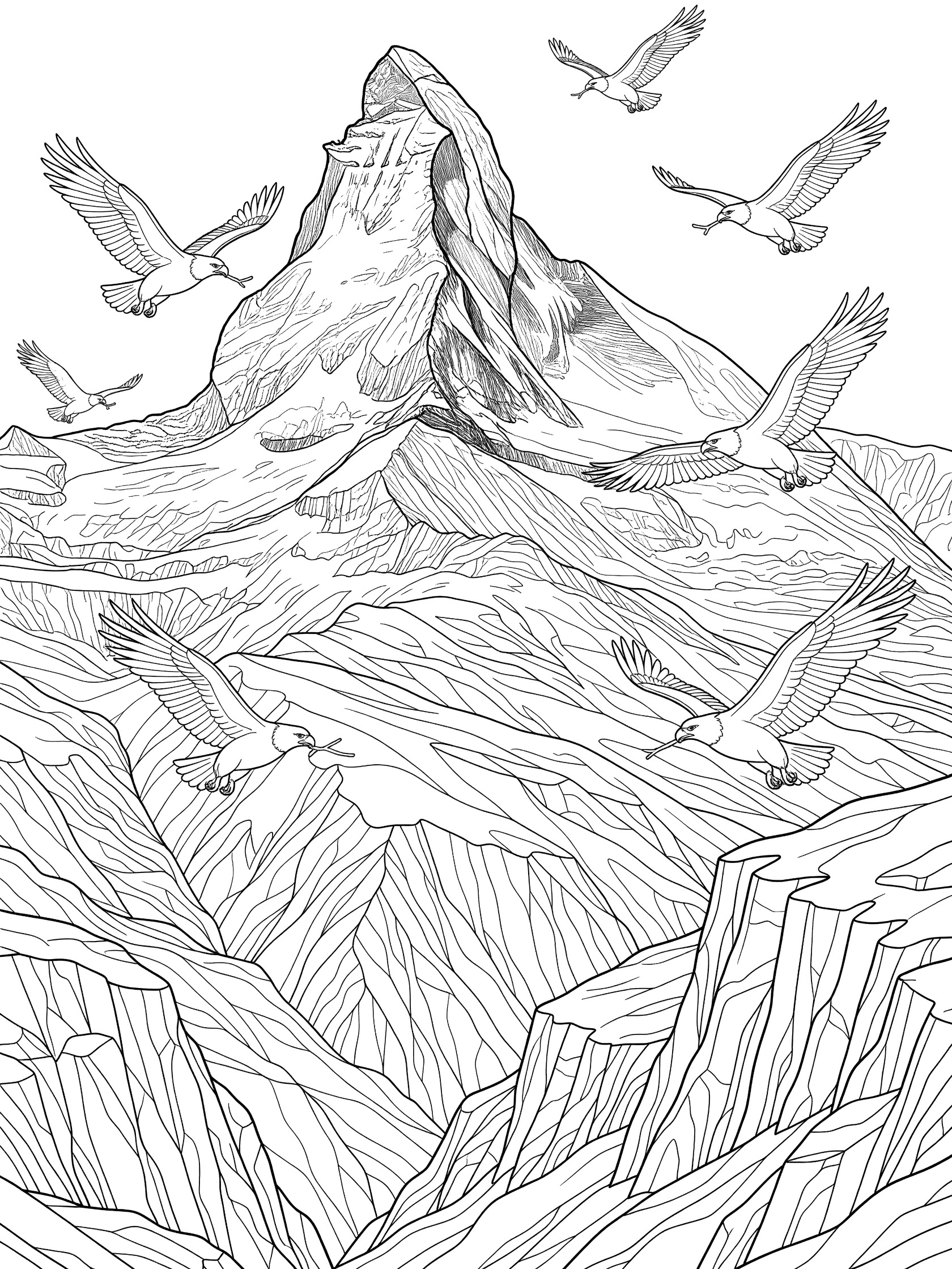 Black and white line art coloring page of a jagged mountain peak surrounded by flying eagles with spread wings. Matterhorn themed black and white printable line art