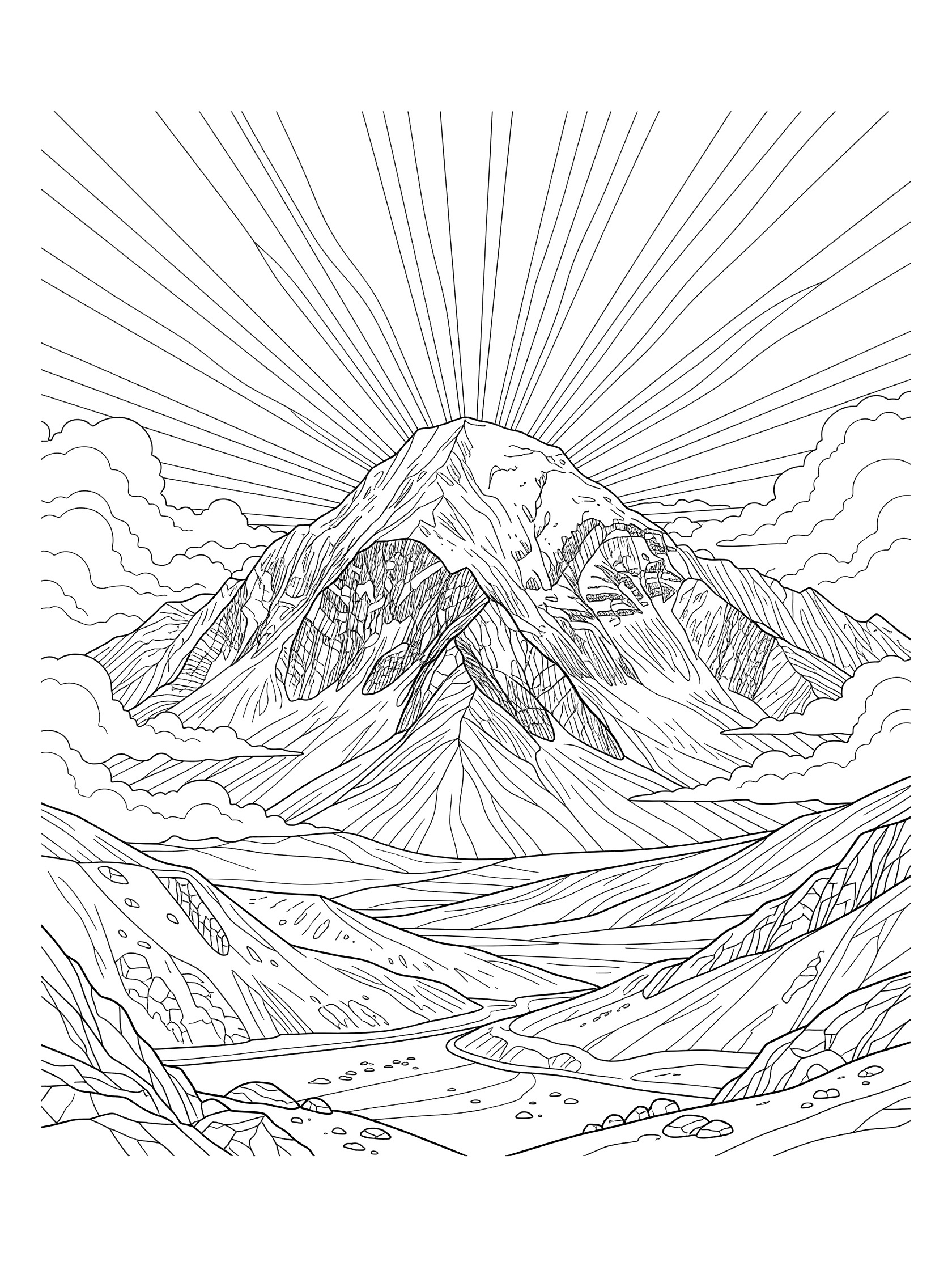 Black and white coloring page showing a jagged mountain peak with curved sun rays shining from behind, fluffy clouds around it, and a valley with hills below on a white background. Mount Kailash themed black and white printable line art