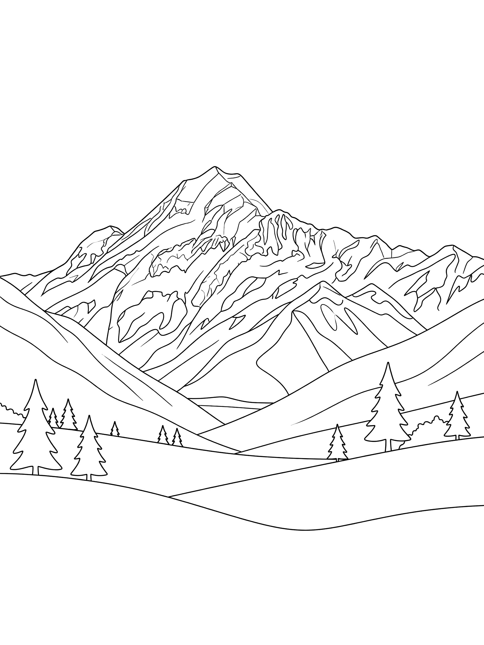 Black and white line art coloring page showing a tall central mountain peak with snow caps, surrounded by layered hills and simple pine trees in the foreground. Mount Cook themed black and white printable line art