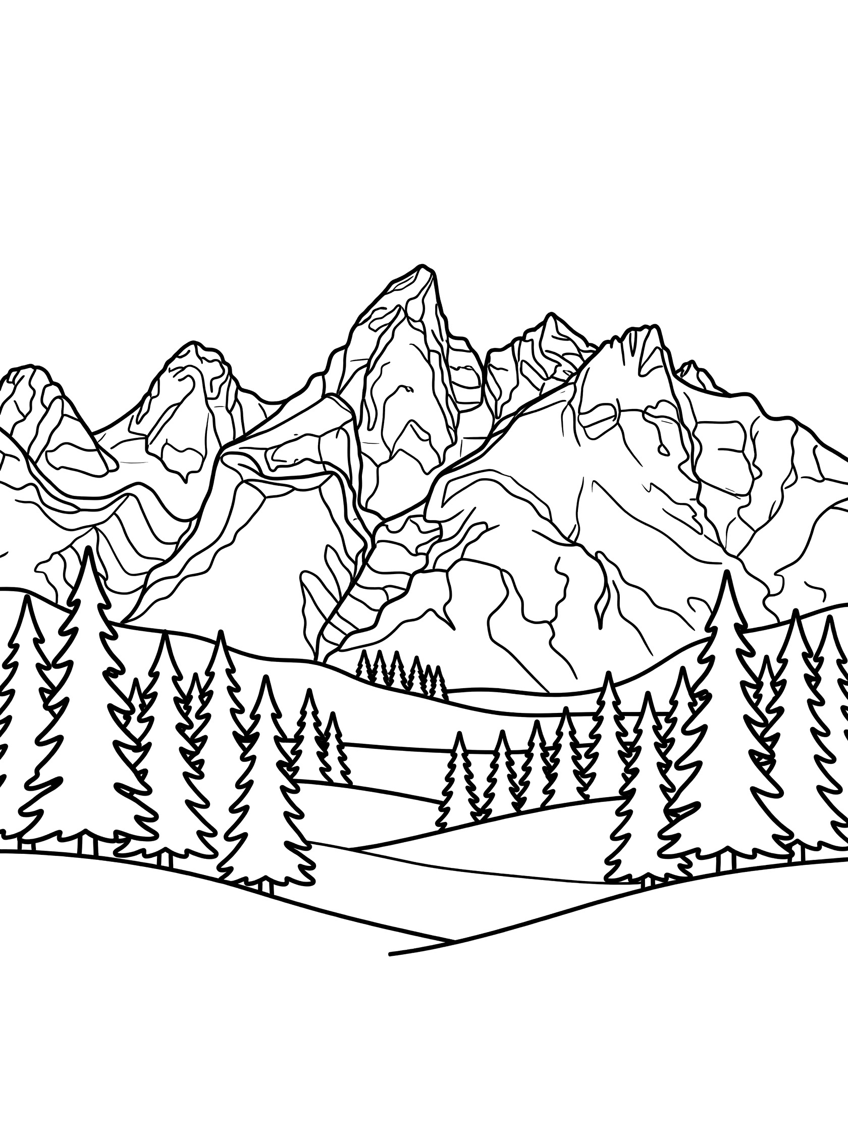 Black and white line art coloring page showing tall jagged mountain peaks, pine trees in front, and gentle rolling hills on a white background. Grand Teton themed black and white printable line art