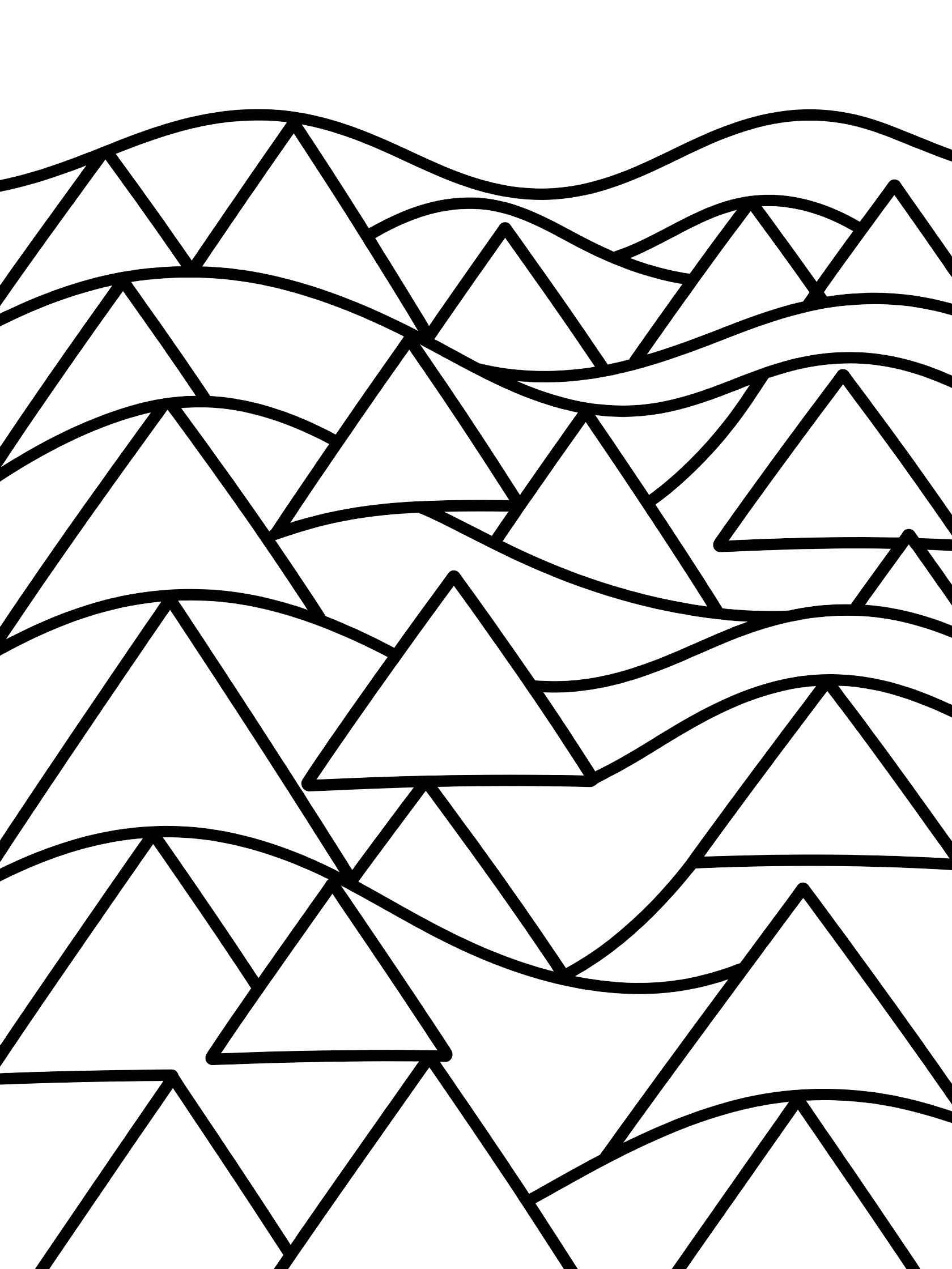 Black and white printable coloring page with rows of triangles creating flowing wave patterns like mountains and hills, thick black outlines on white background.
