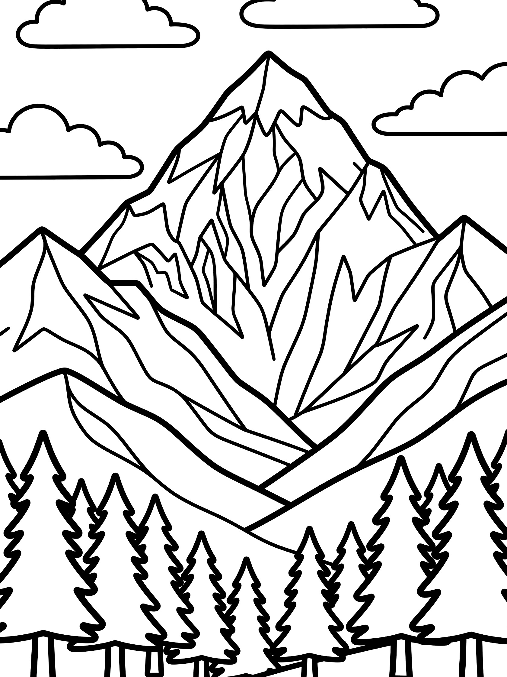 Black and white line art coloring page showing a tall jagged mountain peak with snowy top, surrounded by smaller mountains, pine trees at the base, and fluffy clouds above. K2 themed black and white printable line art