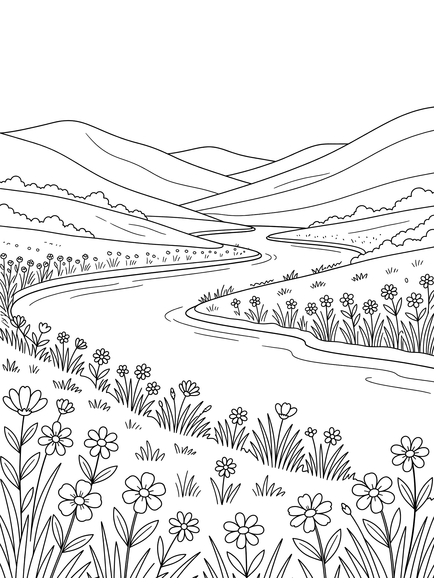 Black and white line art coloring page showing a curving river lined with wildflowers and grasses, flowing through a valley with distant mountains. Euphrates River themed black and white printable line art
