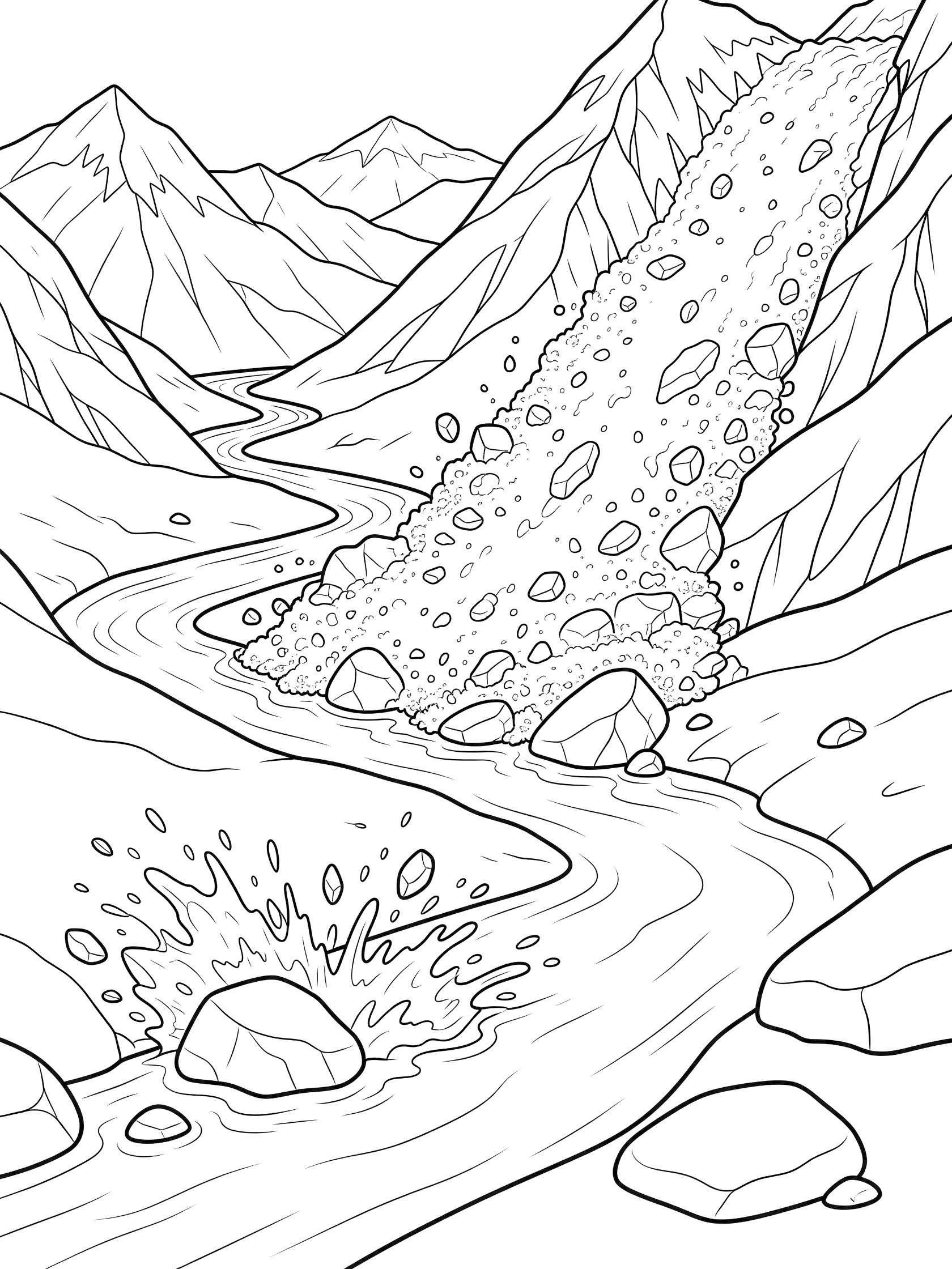Black and white line art coloring page showing a river winding through mountains with a rockslide of boulders tumbling down and splashing near the riverbank. Avalanche themed black and white printable line art