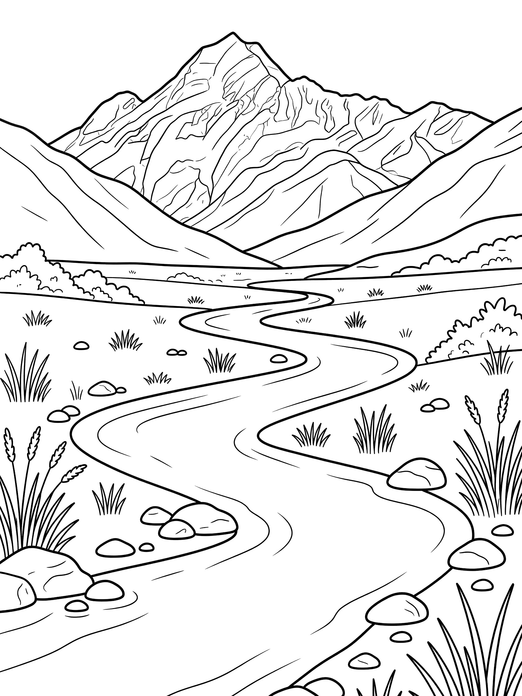 Black and white coloring page of a curving river flowing through a grassy valley toward tall jagged mountains with pebbles and tall grasses along the banks. Mount Cook themed black and white printable line art