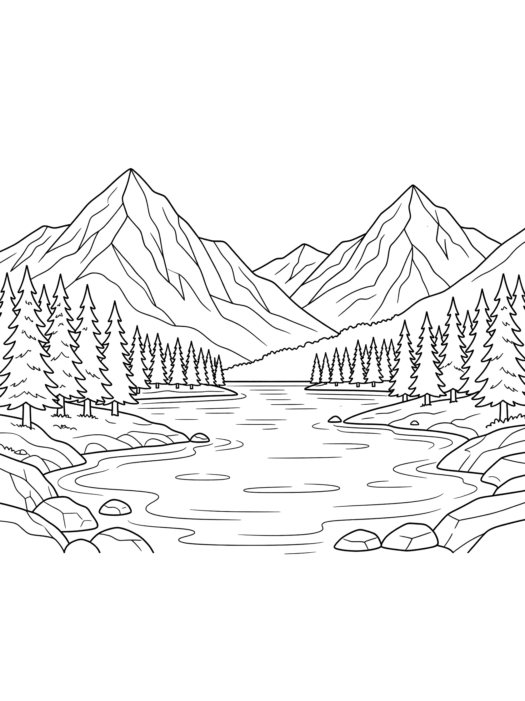 Black and white line art coloring page of a mountain river valley with tall jagged peaks, pine trees on rocky shores, and a winding river with waves. Mountain Lakes themed black and white printable line art