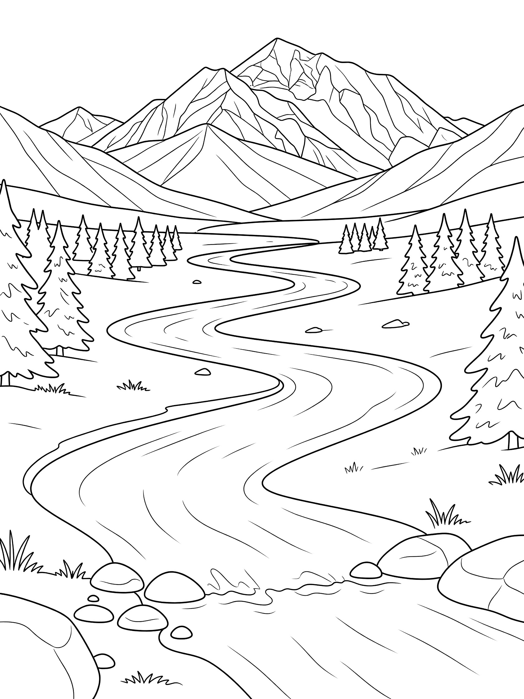 Black and white line art coloring page showing a large mountain in the background, winding river in the valley, pine trees on the banks, smooth rocks, and grassy areas. Denali themed black and white printable line art